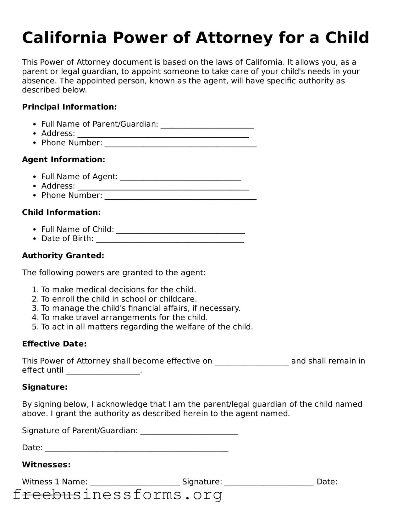 Blank  Power of Attorney for a Child Template for California