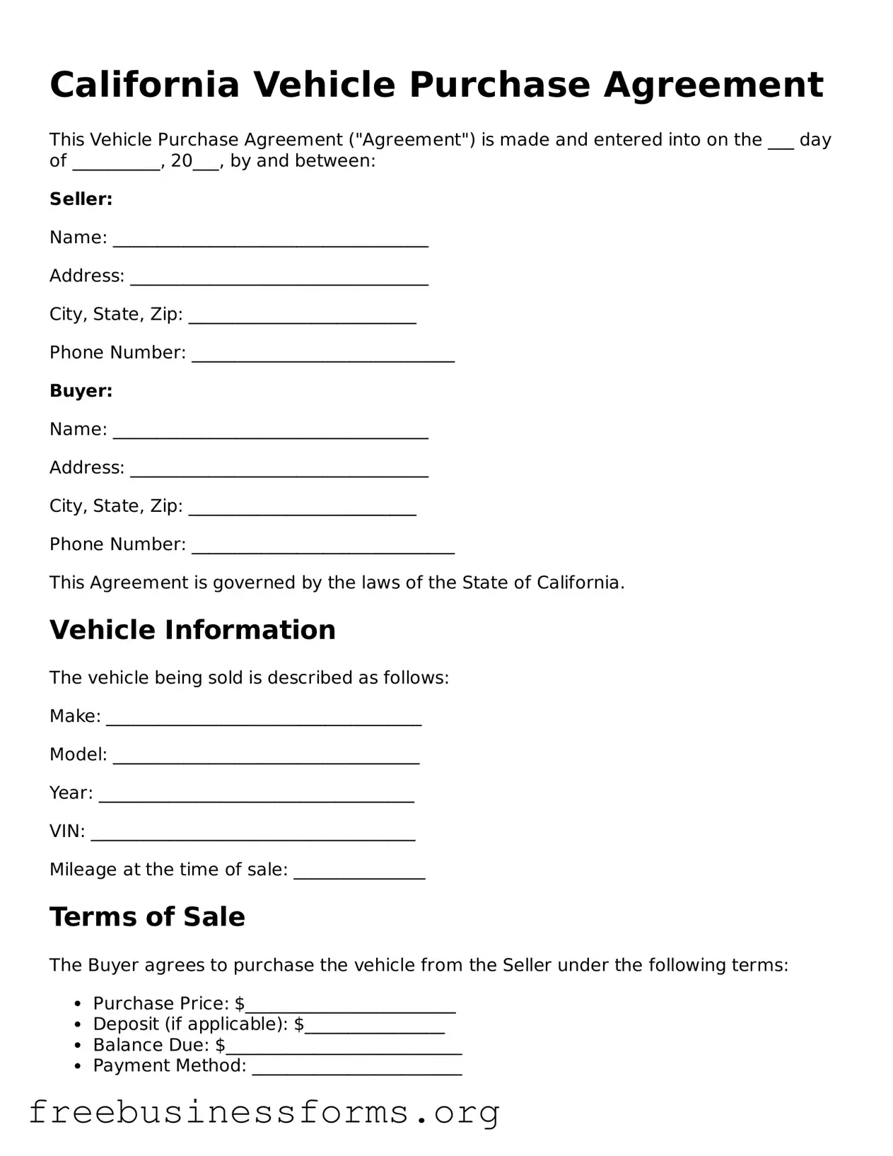 Blank  Vehicle Purchase Agreement Template for California