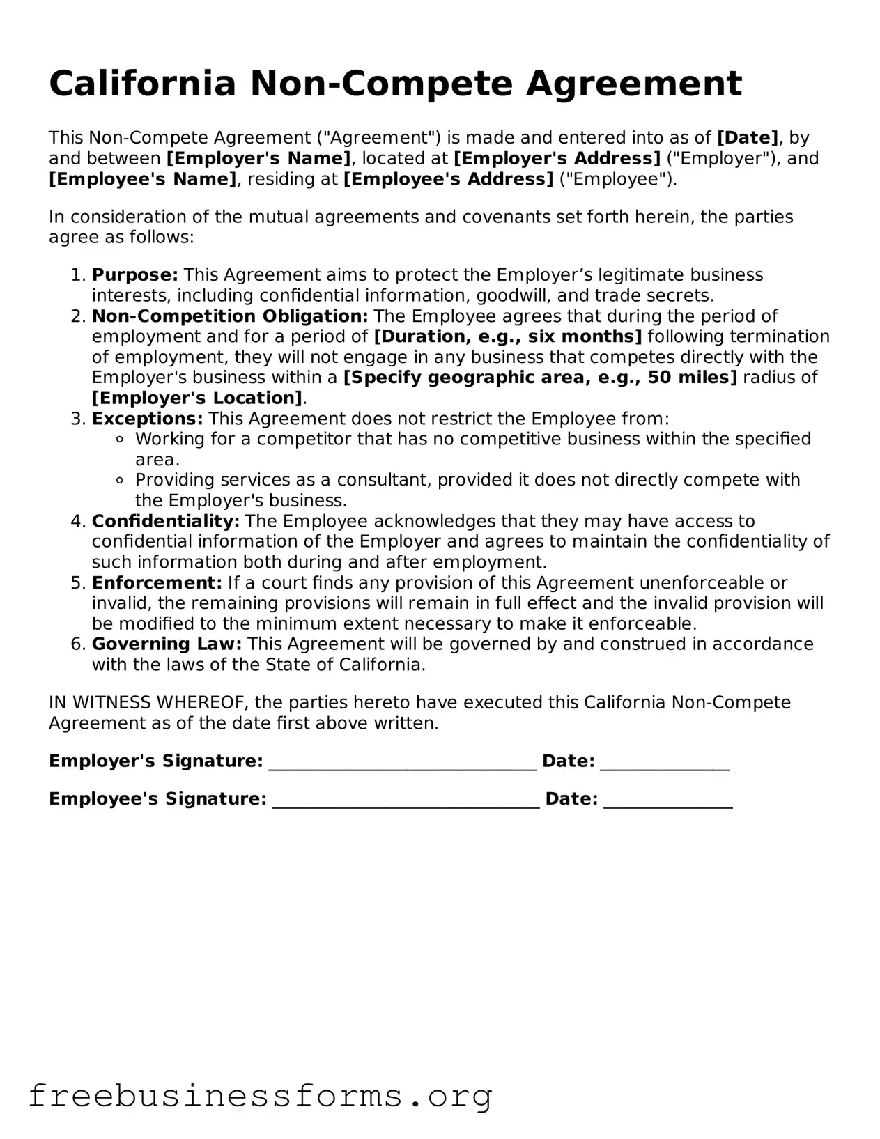 Blank  Non-compete Agreement Template for California