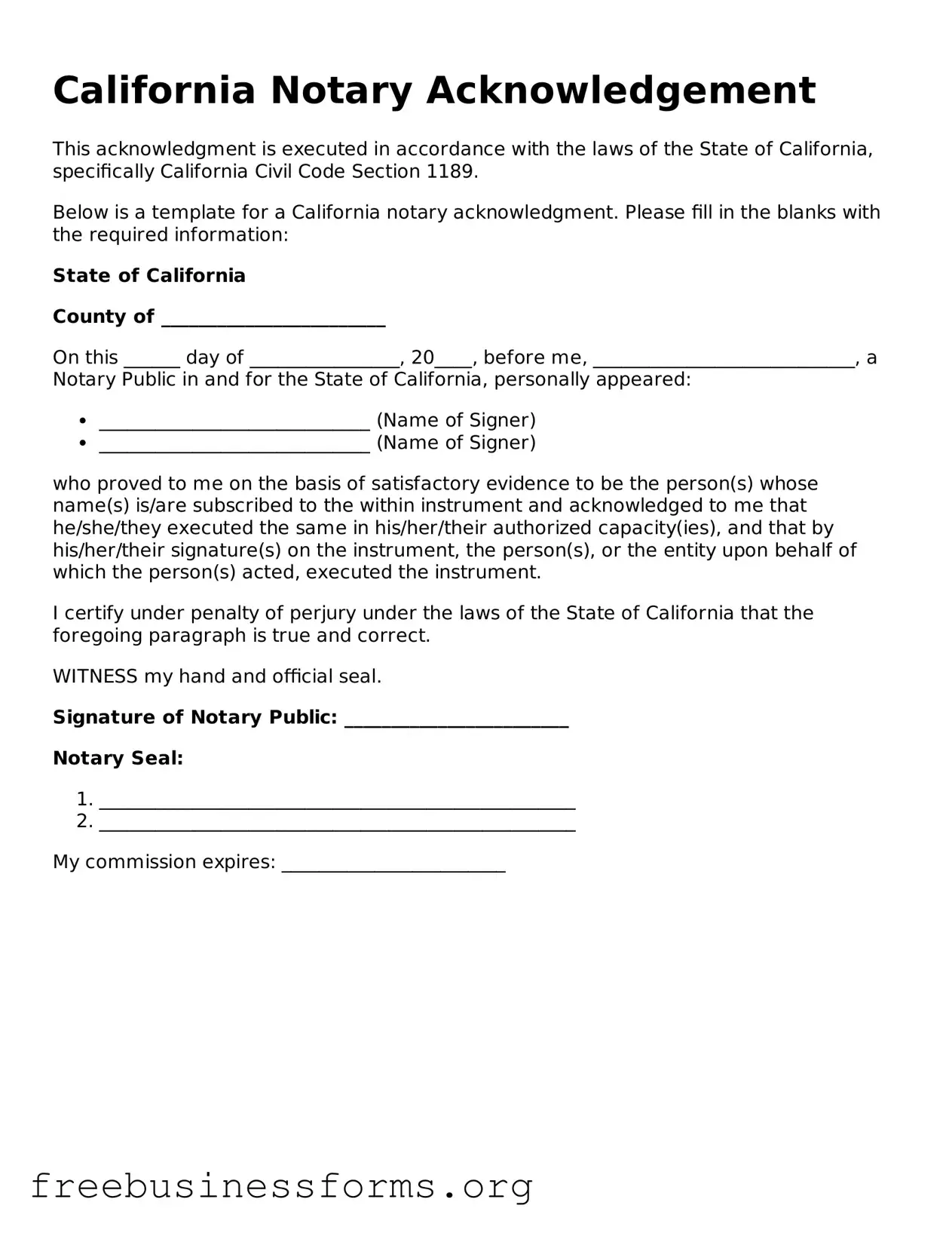 Blank  Notary Acknowledgement Template for California