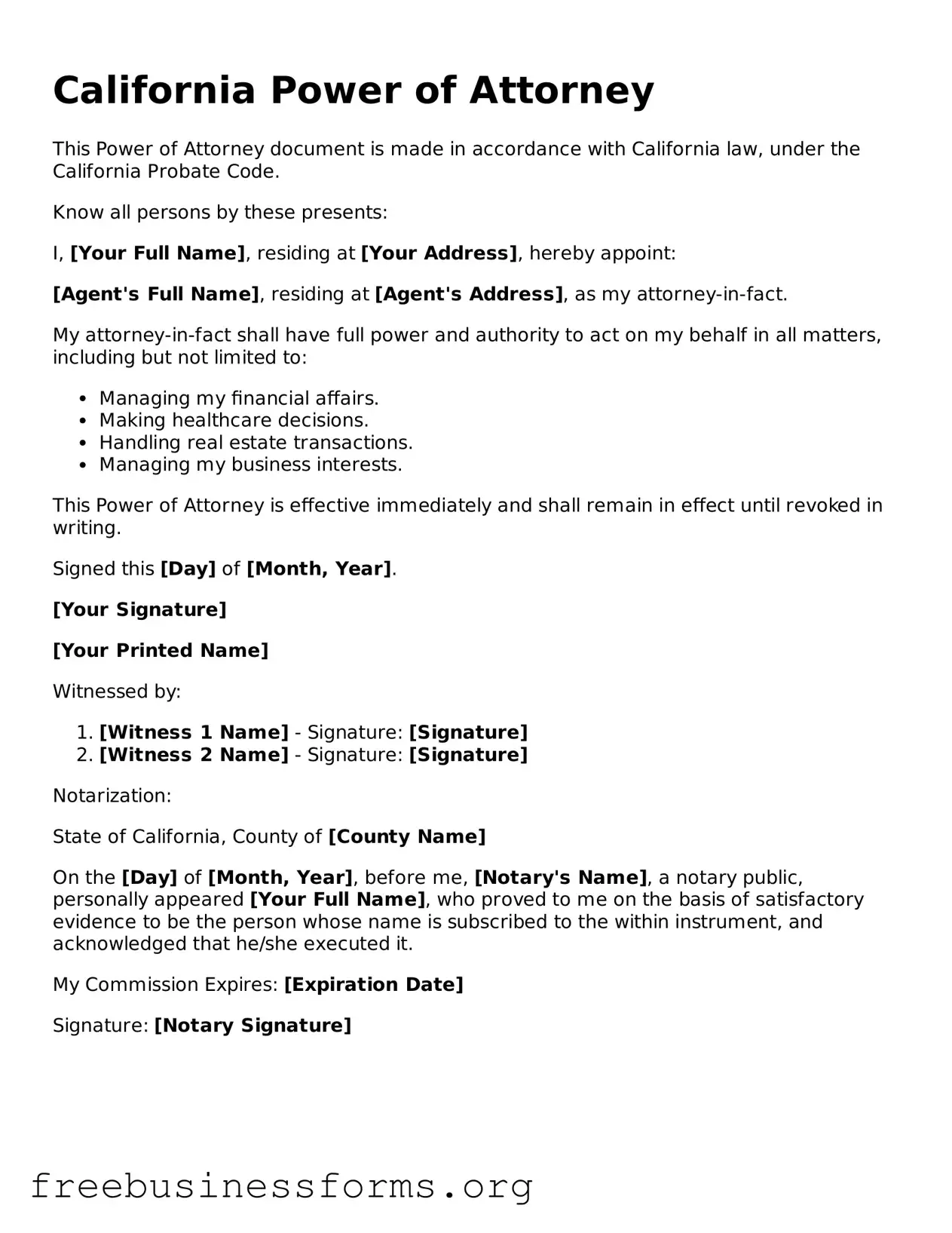 Blank  Power of Attorney Template for California