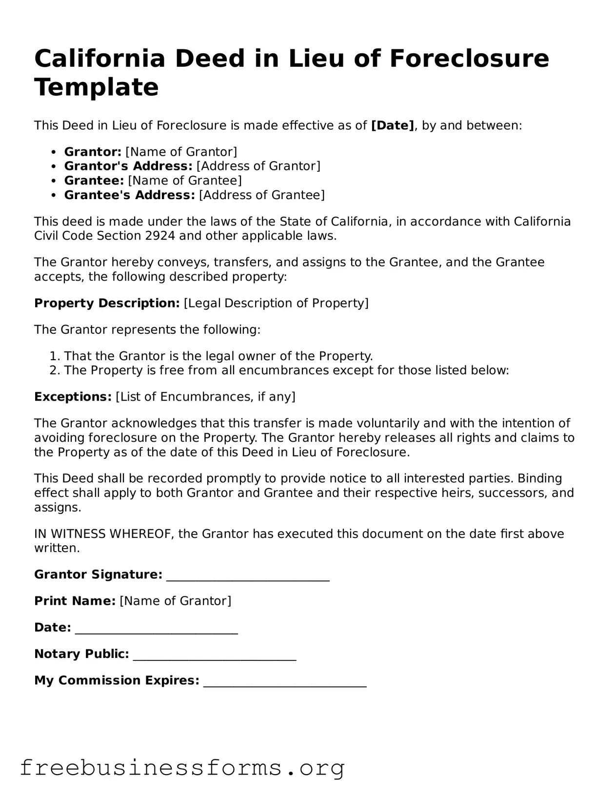 Blank  Deed in Lieu of Foreclosure Template for California