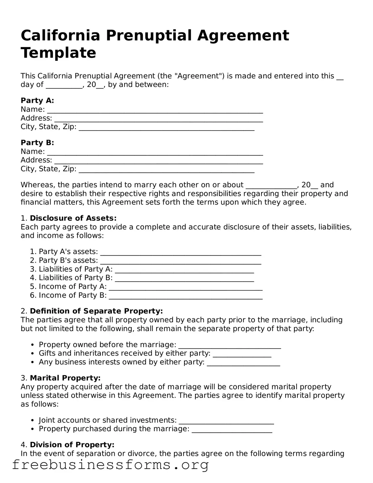 Blank  Prenuptial Agreement Template for California