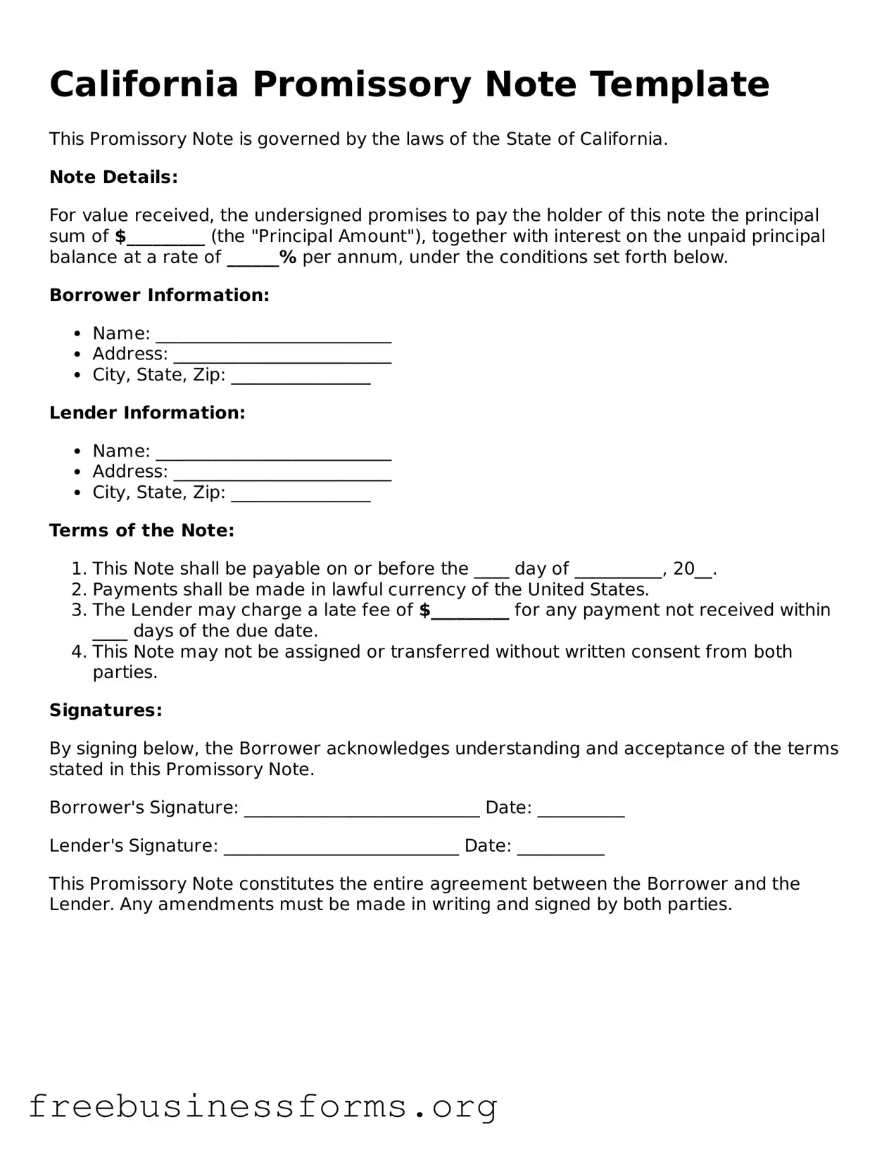 Blank  Promissory Note Template for California