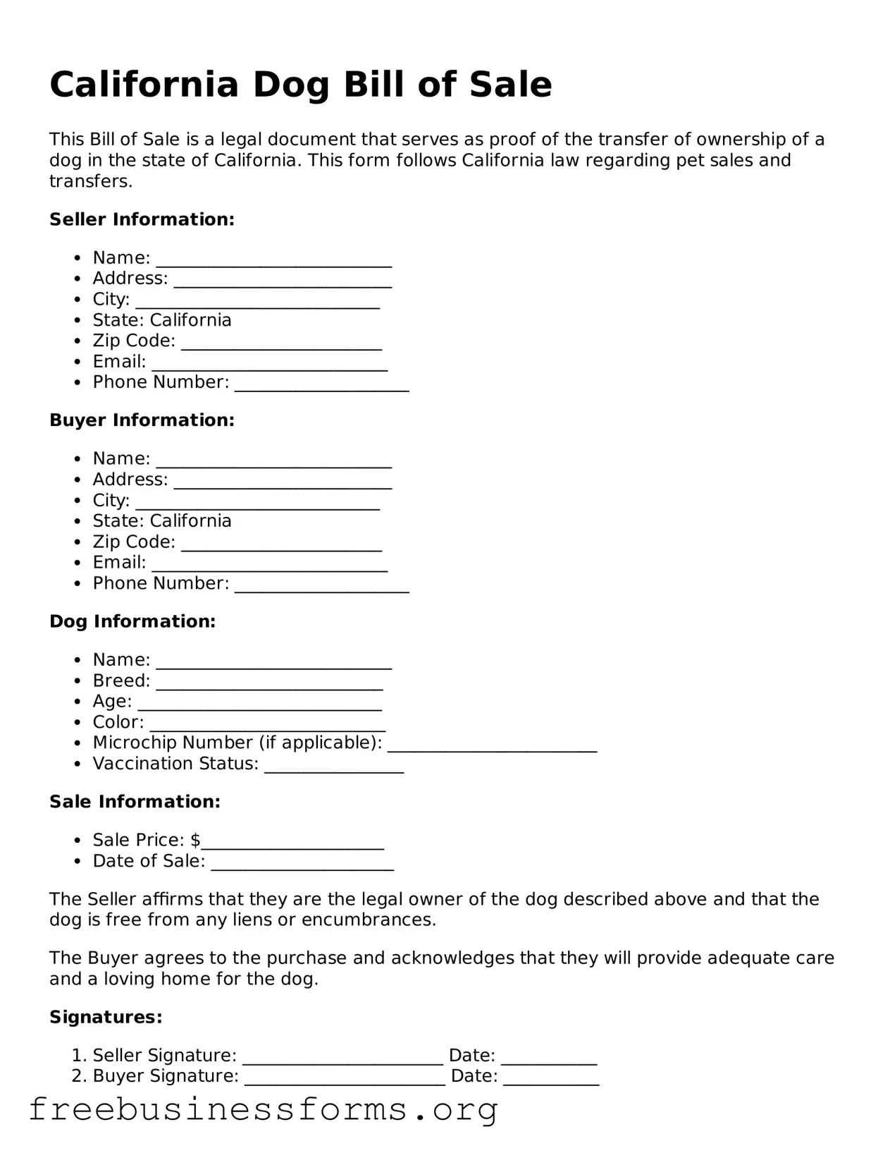 Blank Dog Bill of Sale Template for California