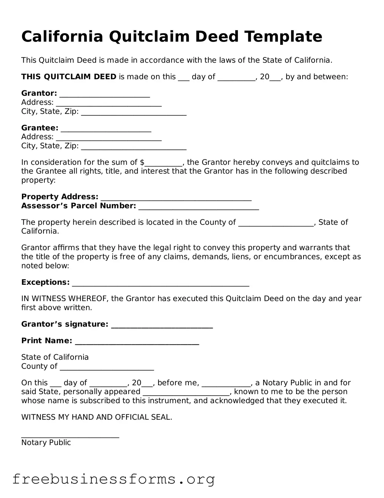 Blank  Quitclaim Deed Template for California