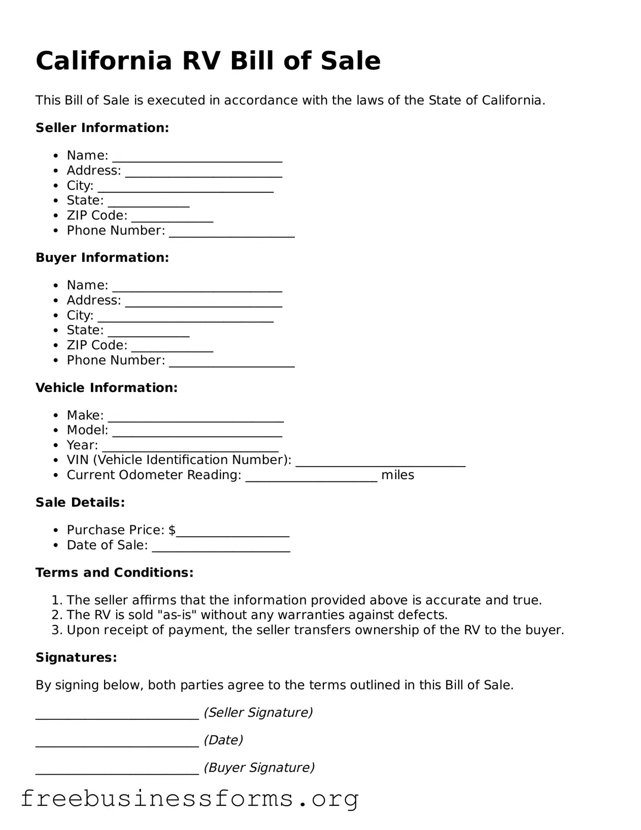 Blank  RV Bill of Sale Template for California