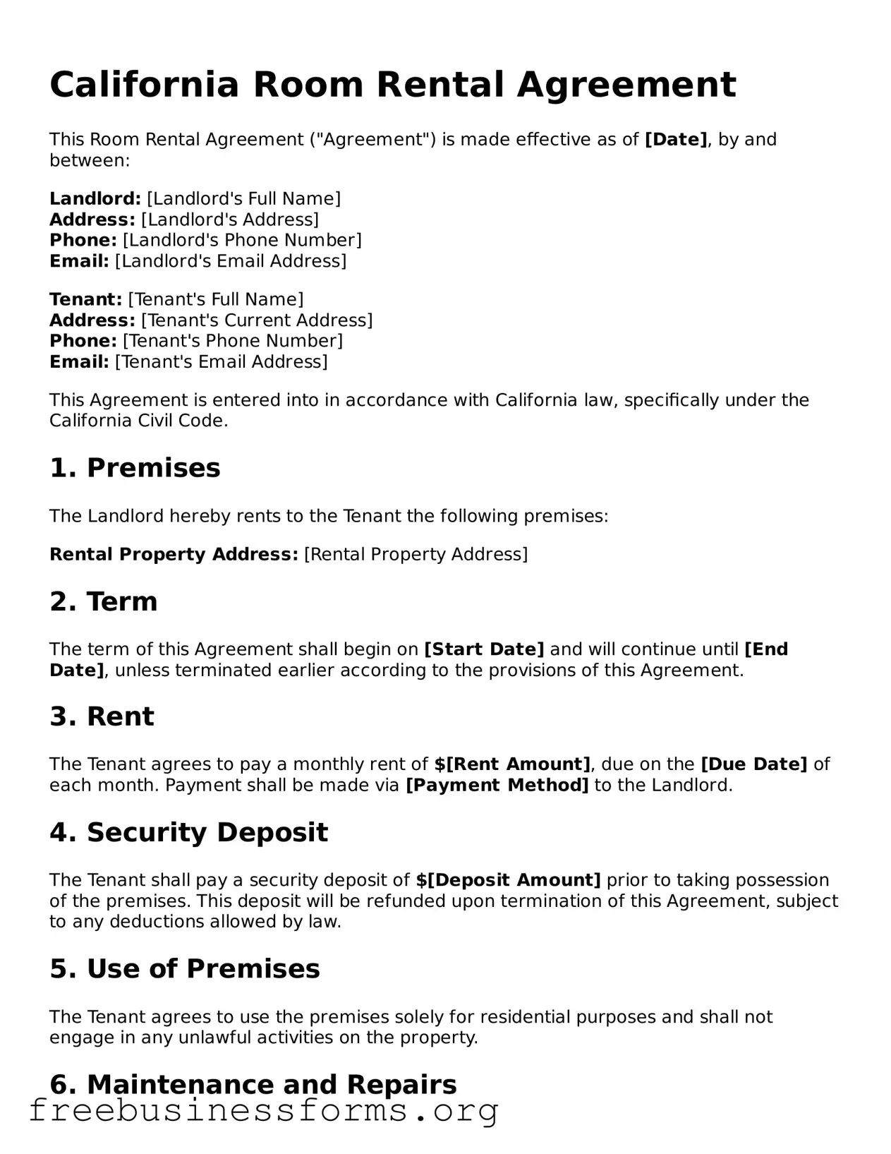 Blank  Room Rental Agreement Template for California