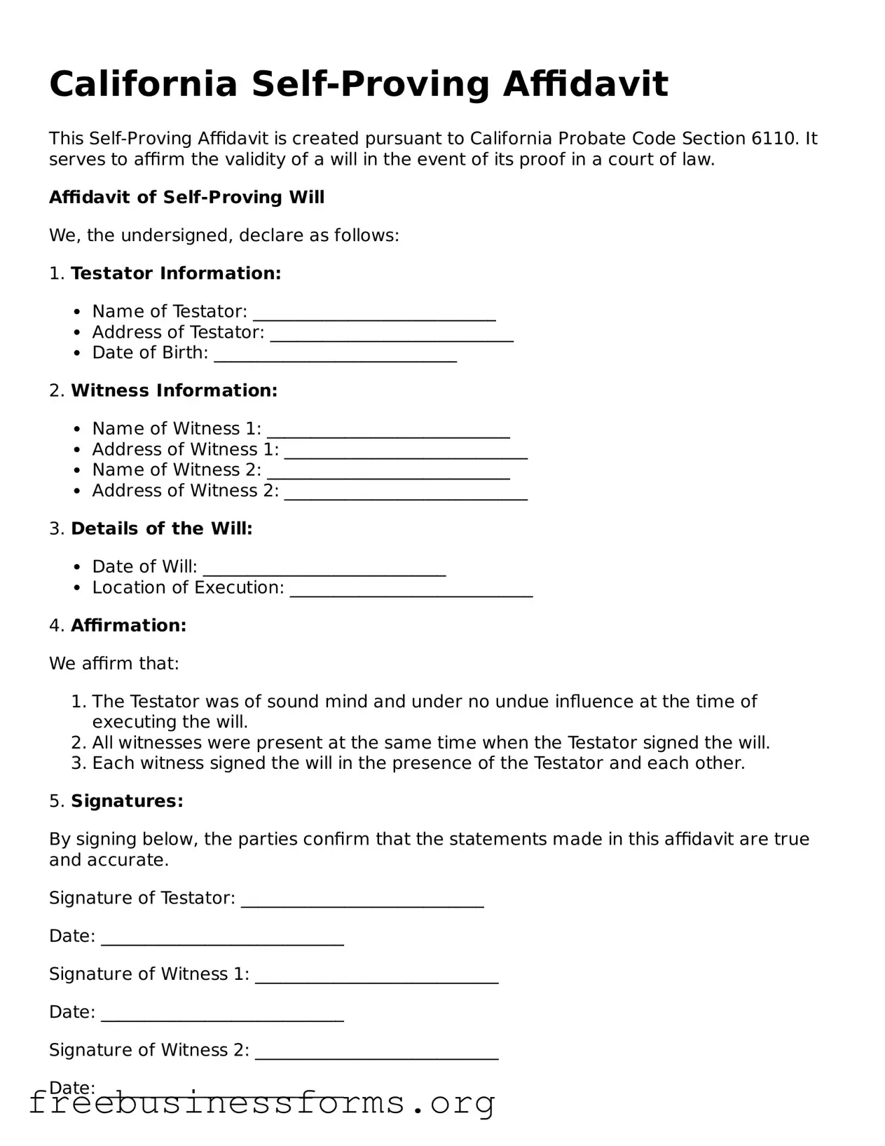 Blank  Self-Proving Affidavit Template for California