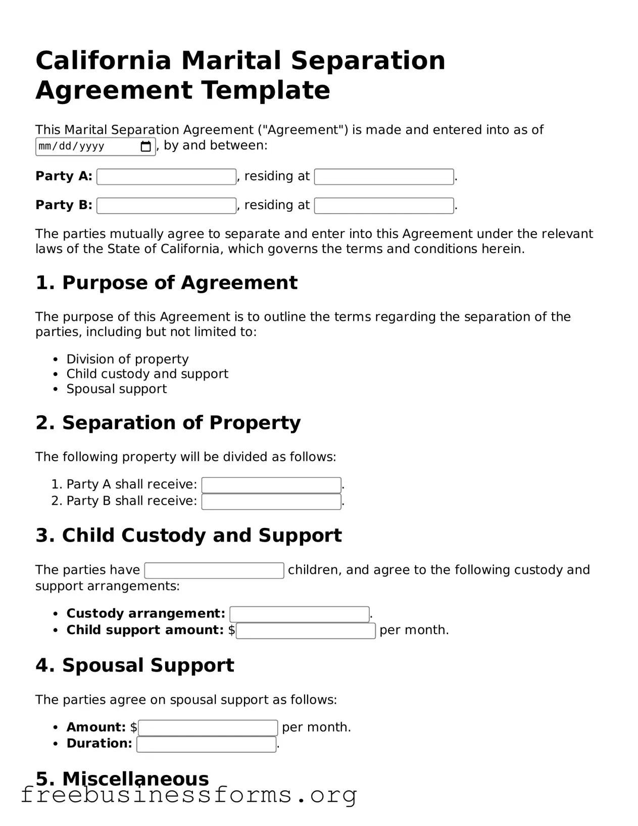 Blank  Marital Separation Agreement Template for California