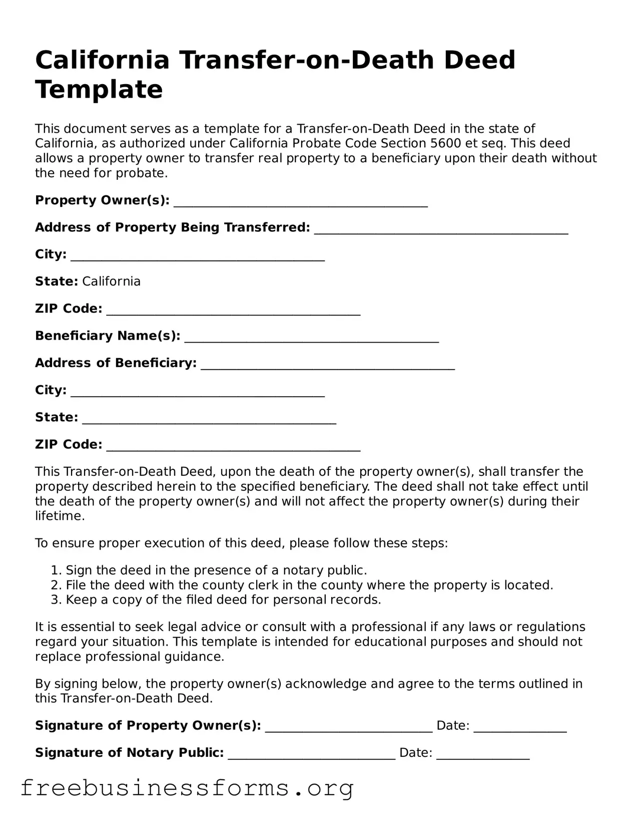 Blank  Transfer-on-Death Deed Template for California