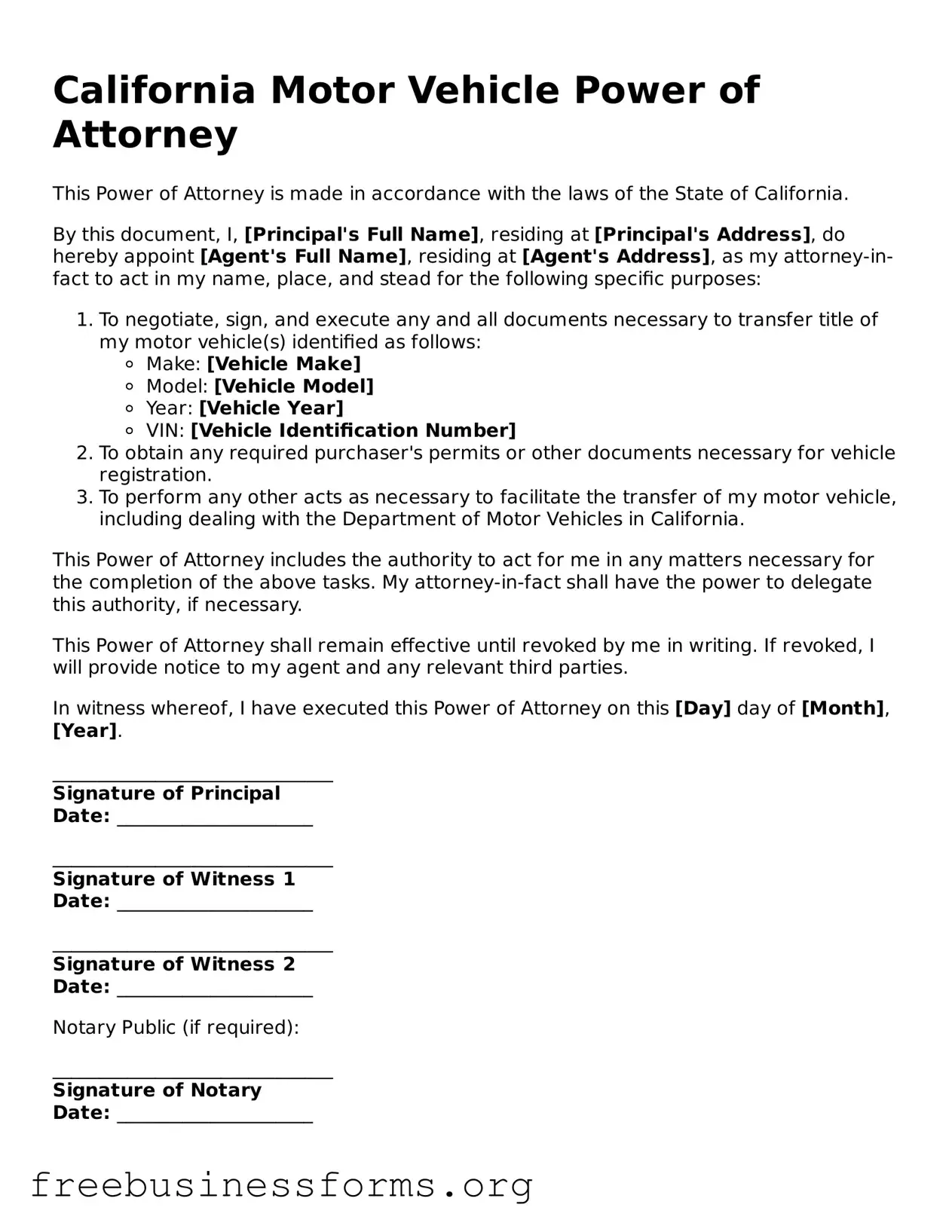 Blank  Motor Vehicle Power of Attorney Template for California