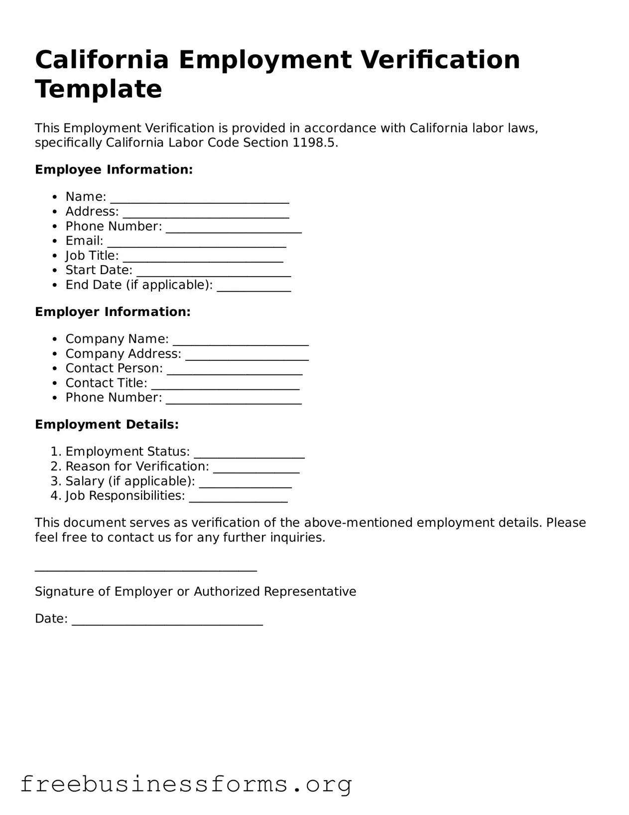 Blank  Employment Verification Template for California