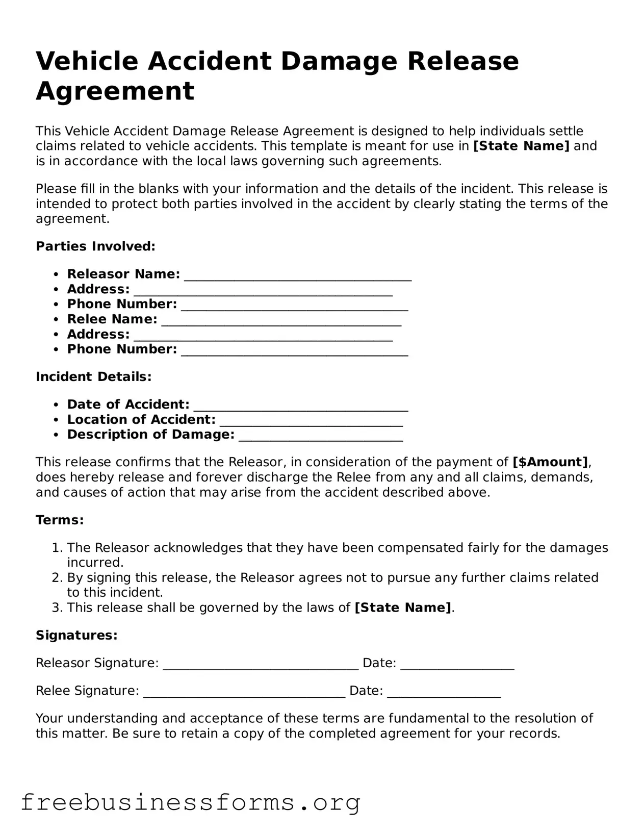 Official Vehicle Accident Damage Release Form