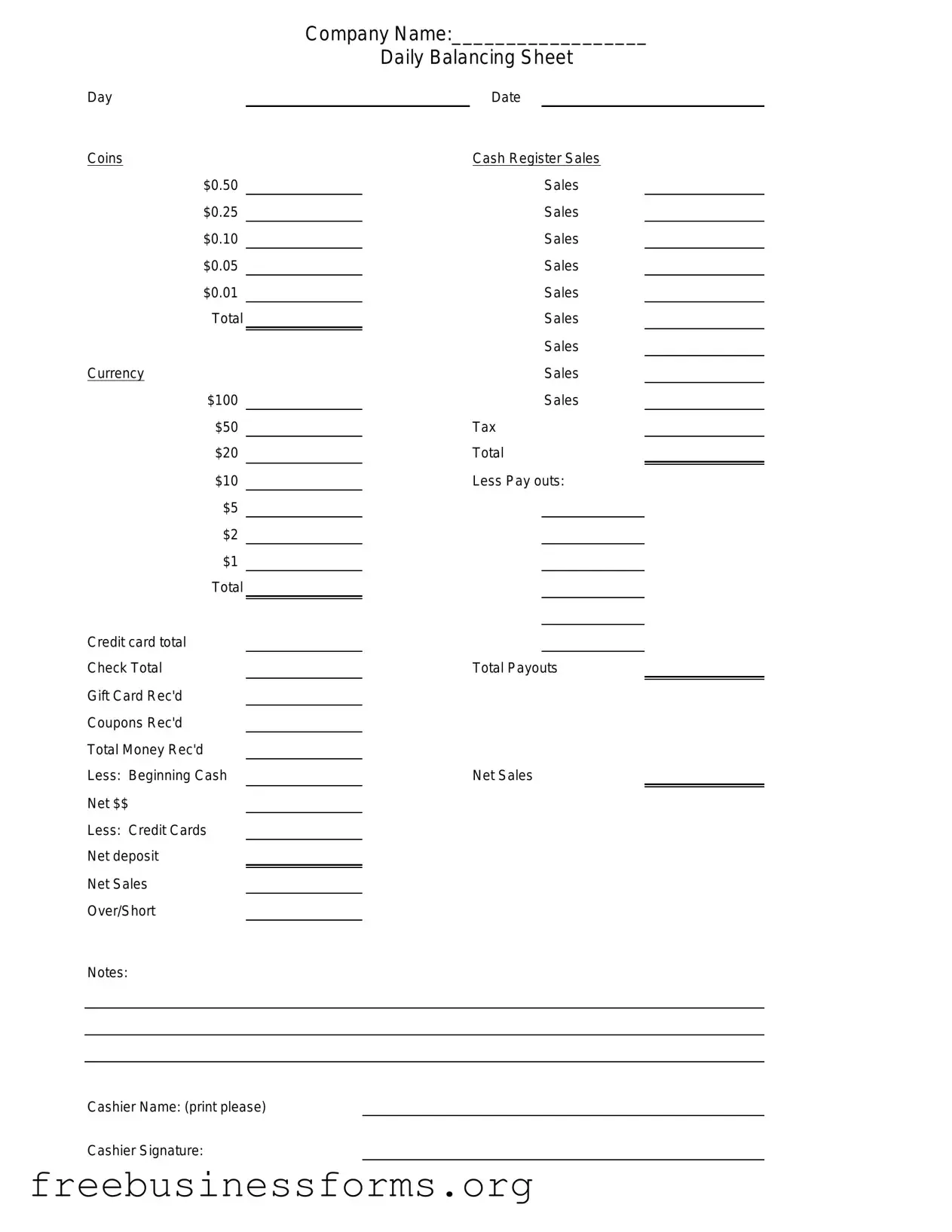 Official Cash Drawer Count Sheet Form in PDF