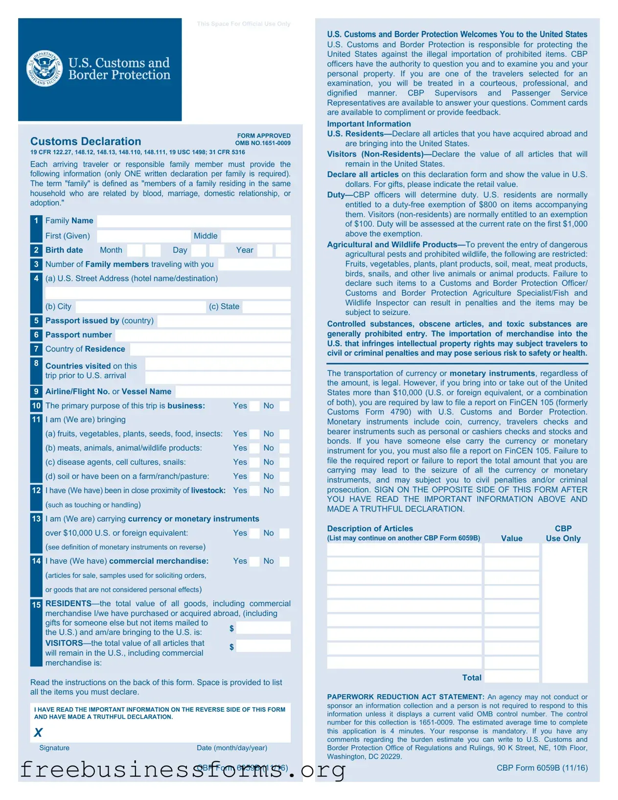 Official CBP 6059B Form in PDF