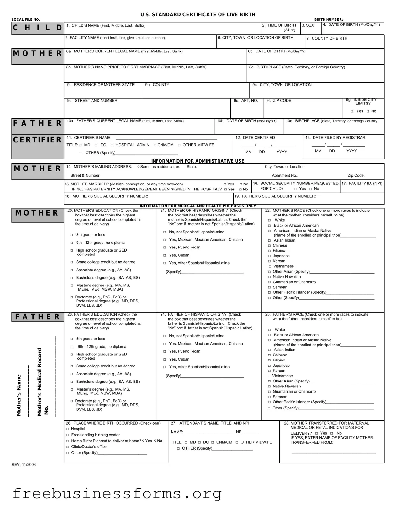 Official CDC U.S. Standard Certificate of Live Birth Form in PDF