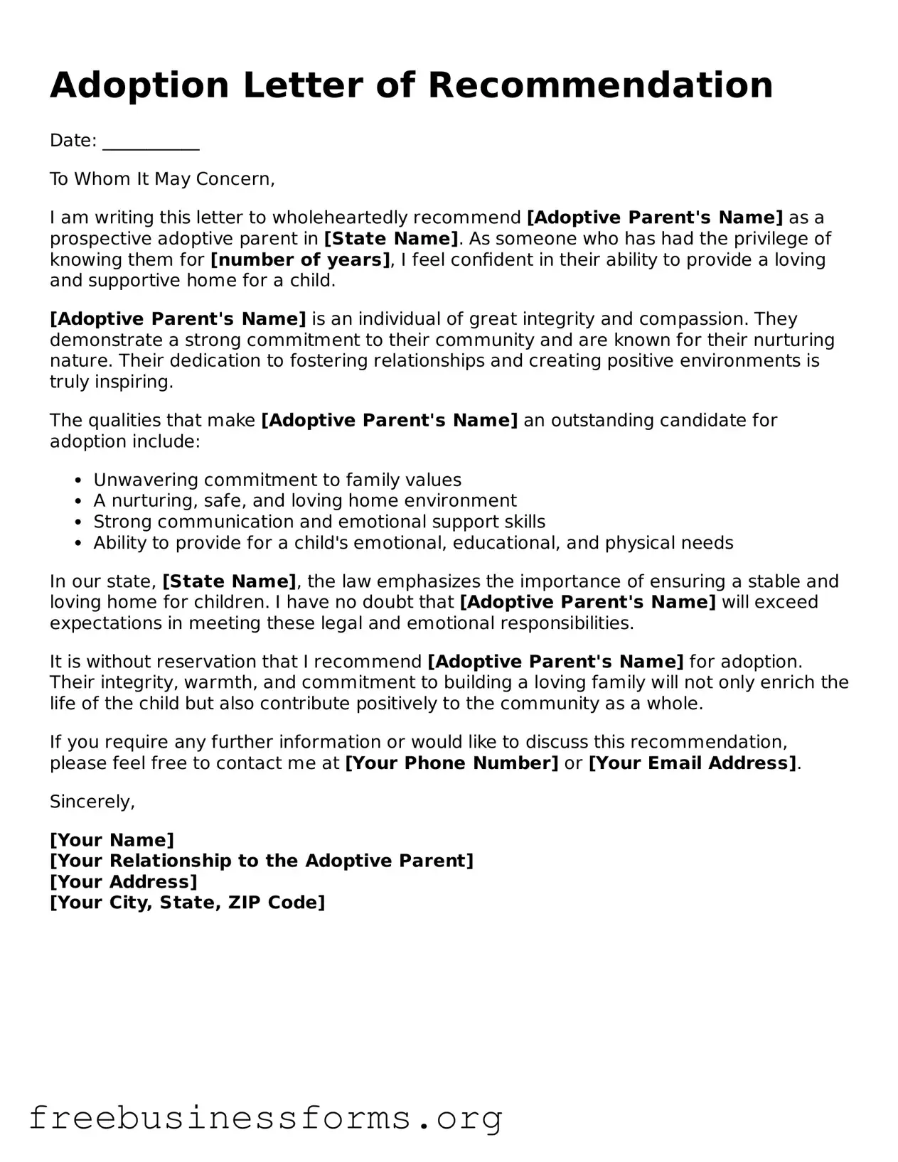Official Adoption Letter of Recommendation Form