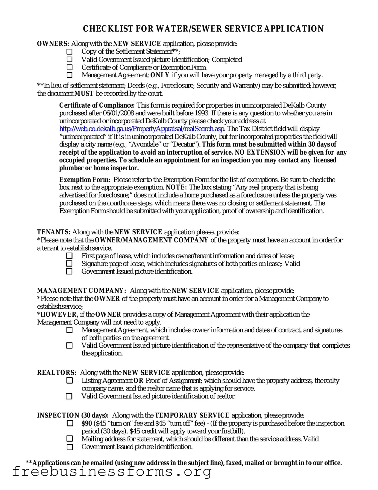 Official Dekalb County Water Application Form in PDF