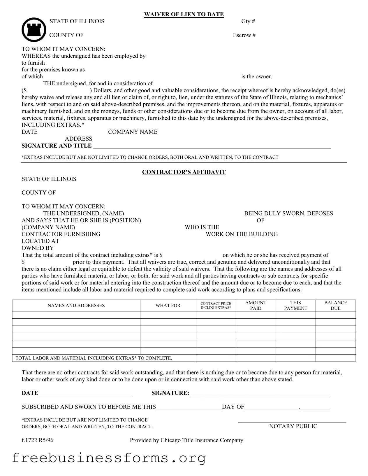 Official Chicago Title Waiver Format Form in PDF