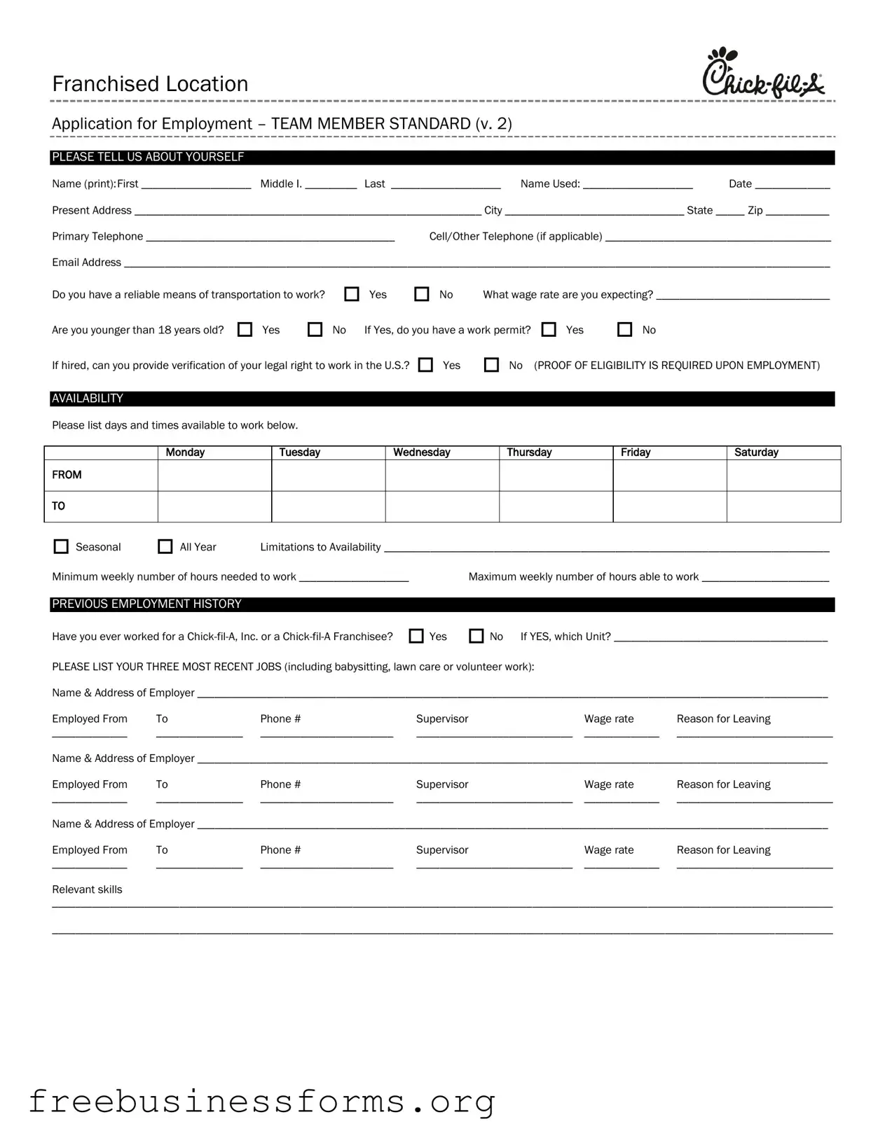 Official Chick Fil A Job Application Form in PDF