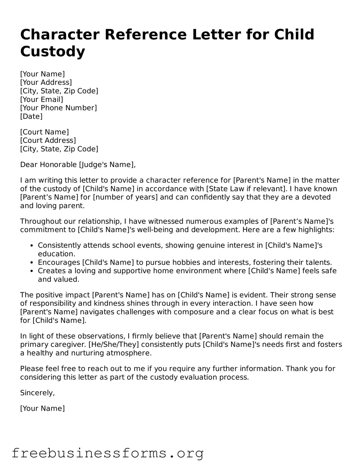 Official Character Reference Letter for Child Custody Form