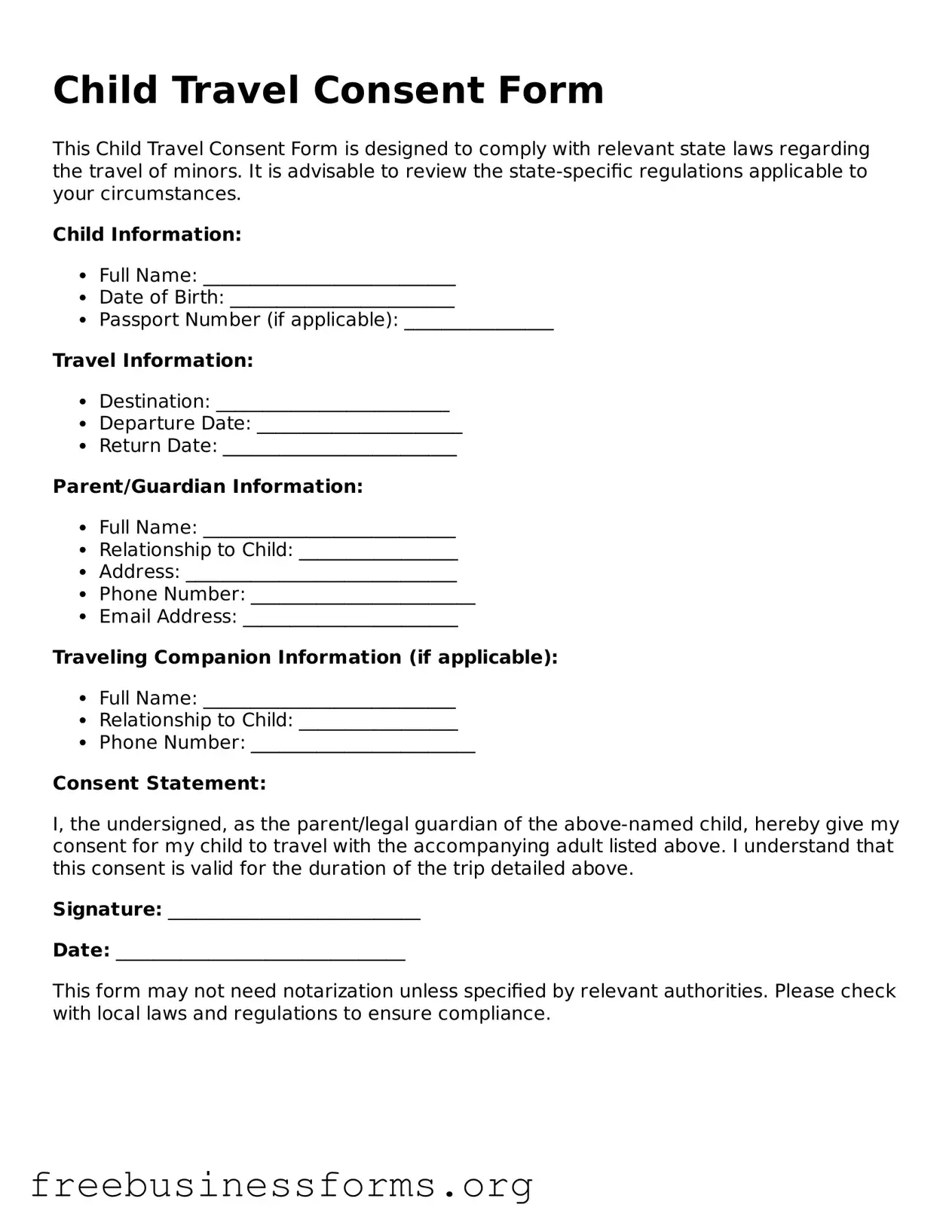 Official Child Travel Consent Form Form