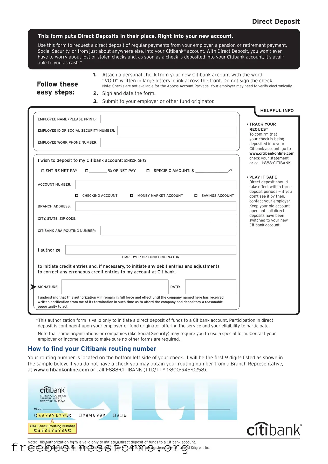 Official Citibank Direct Deposit Form in PDF
