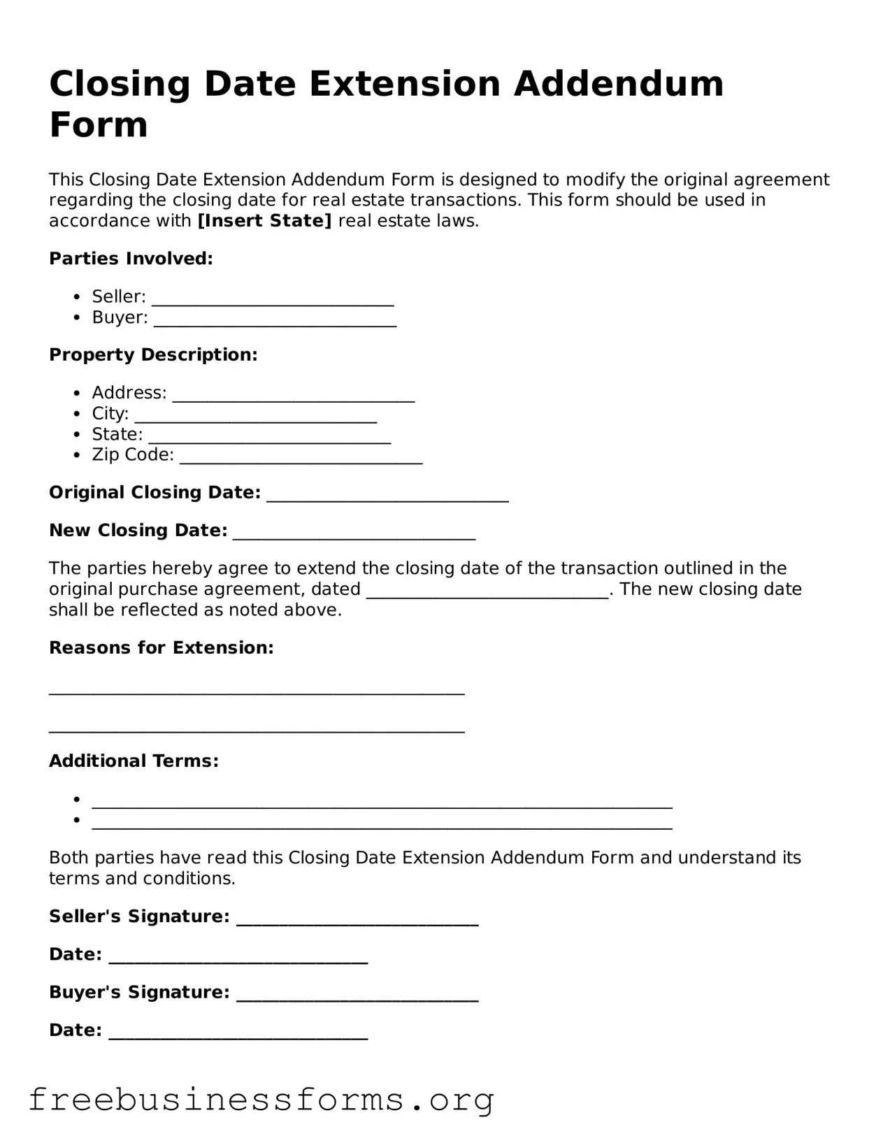 Official Closing Date Extension Addendum Form Form