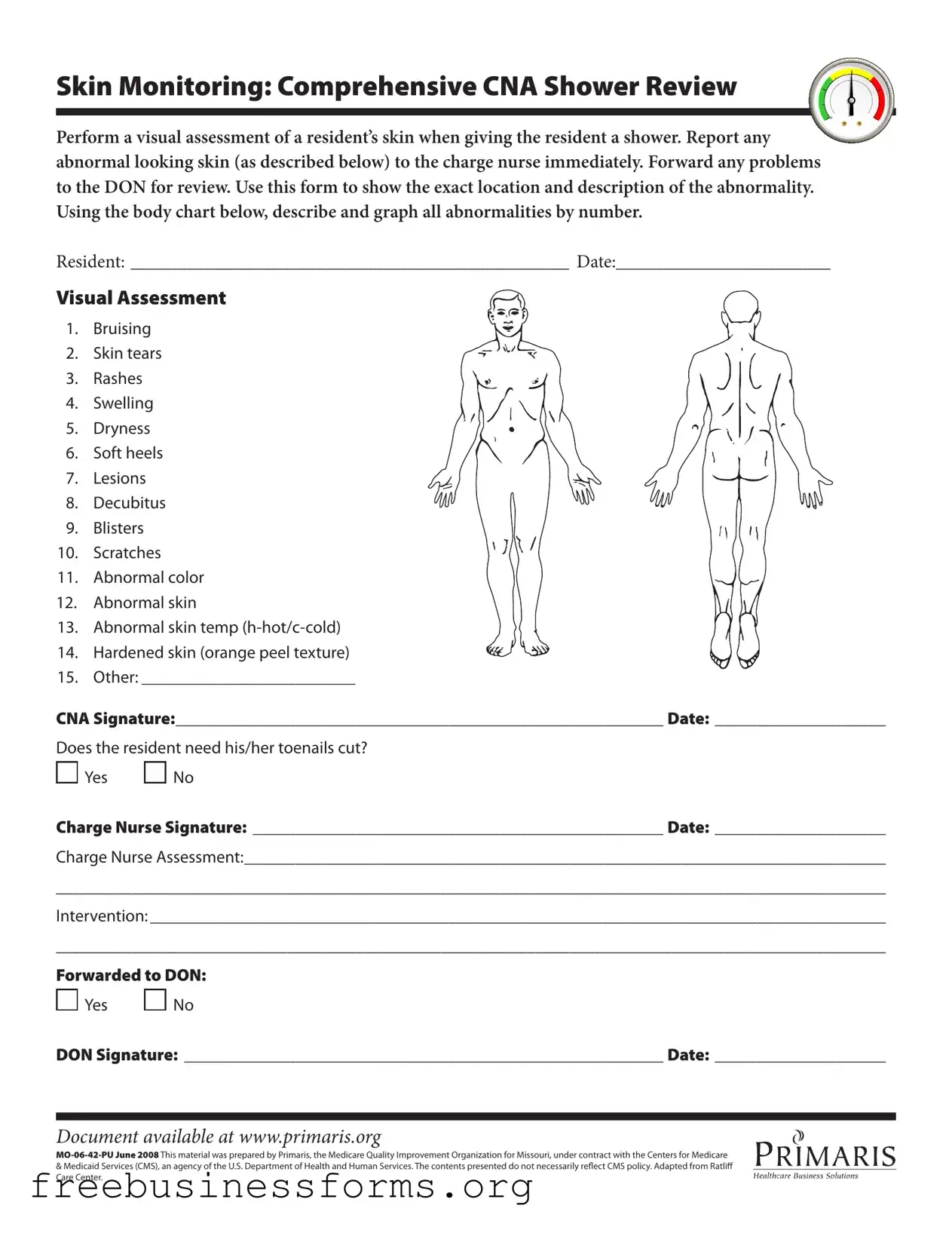 Official Cna Shower Sheets Form in PDF