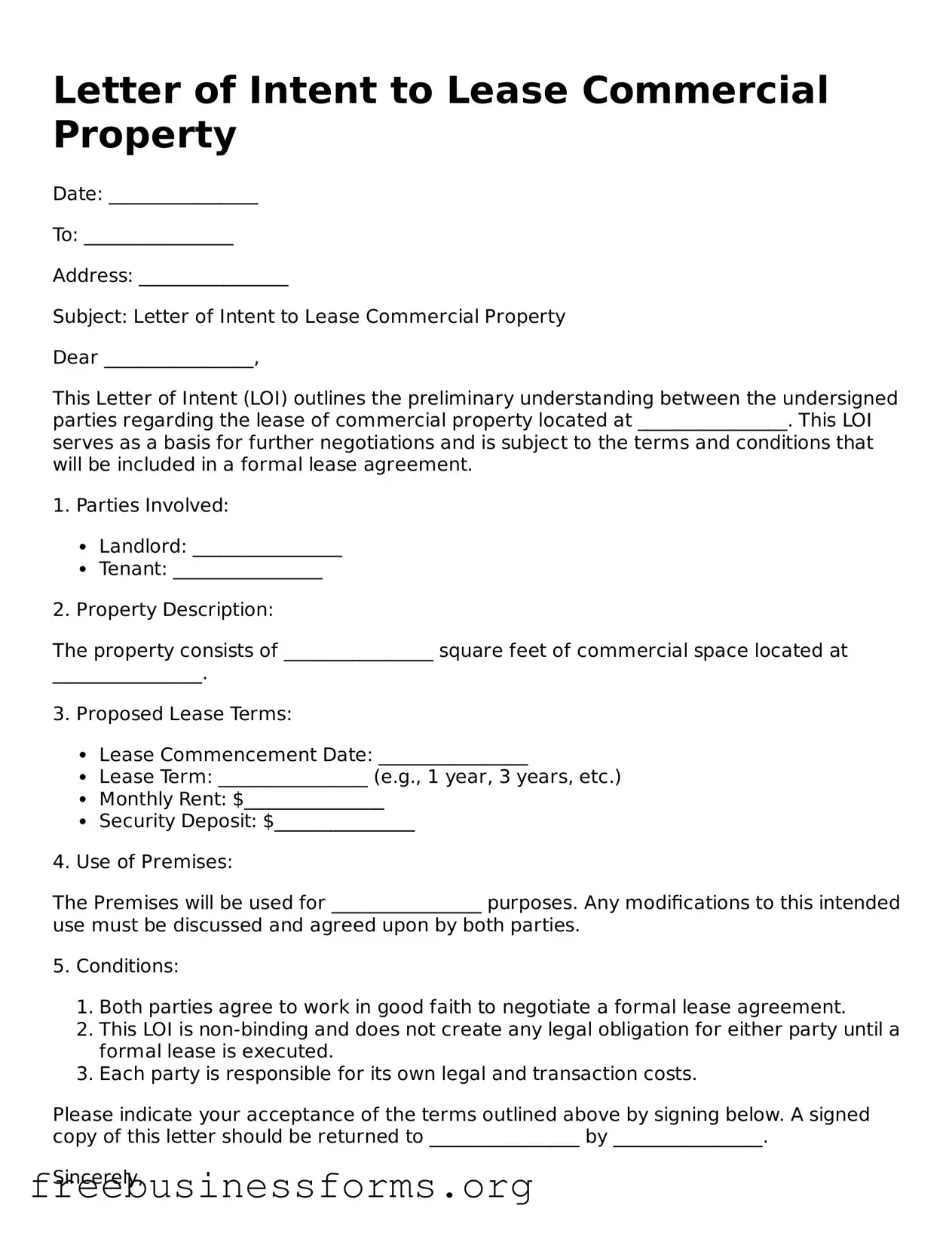 Official Letter of Intent to Lease Commercial Property Form