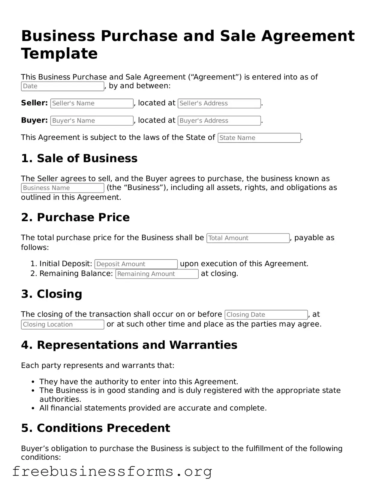 Official Business Purchase and Sale Agreement Form