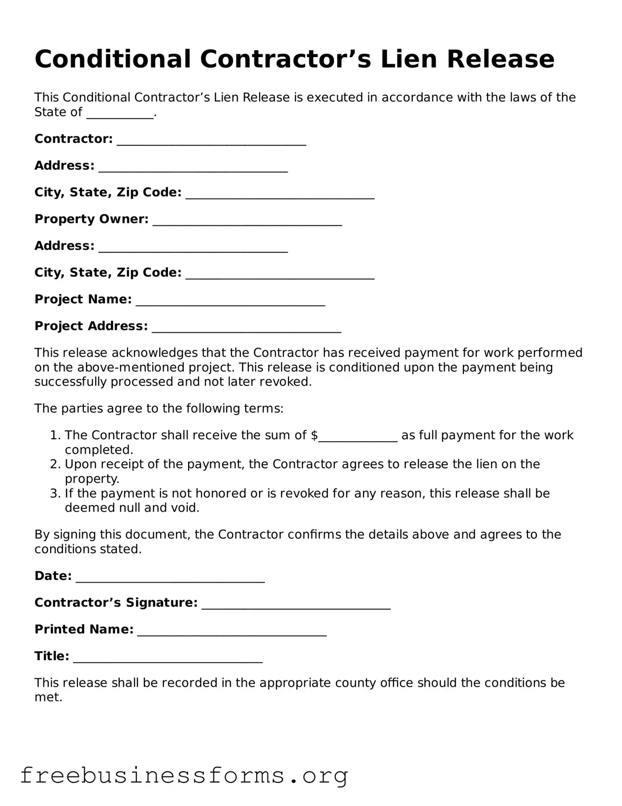 Official Conditional Contractor’s Lien Release Form