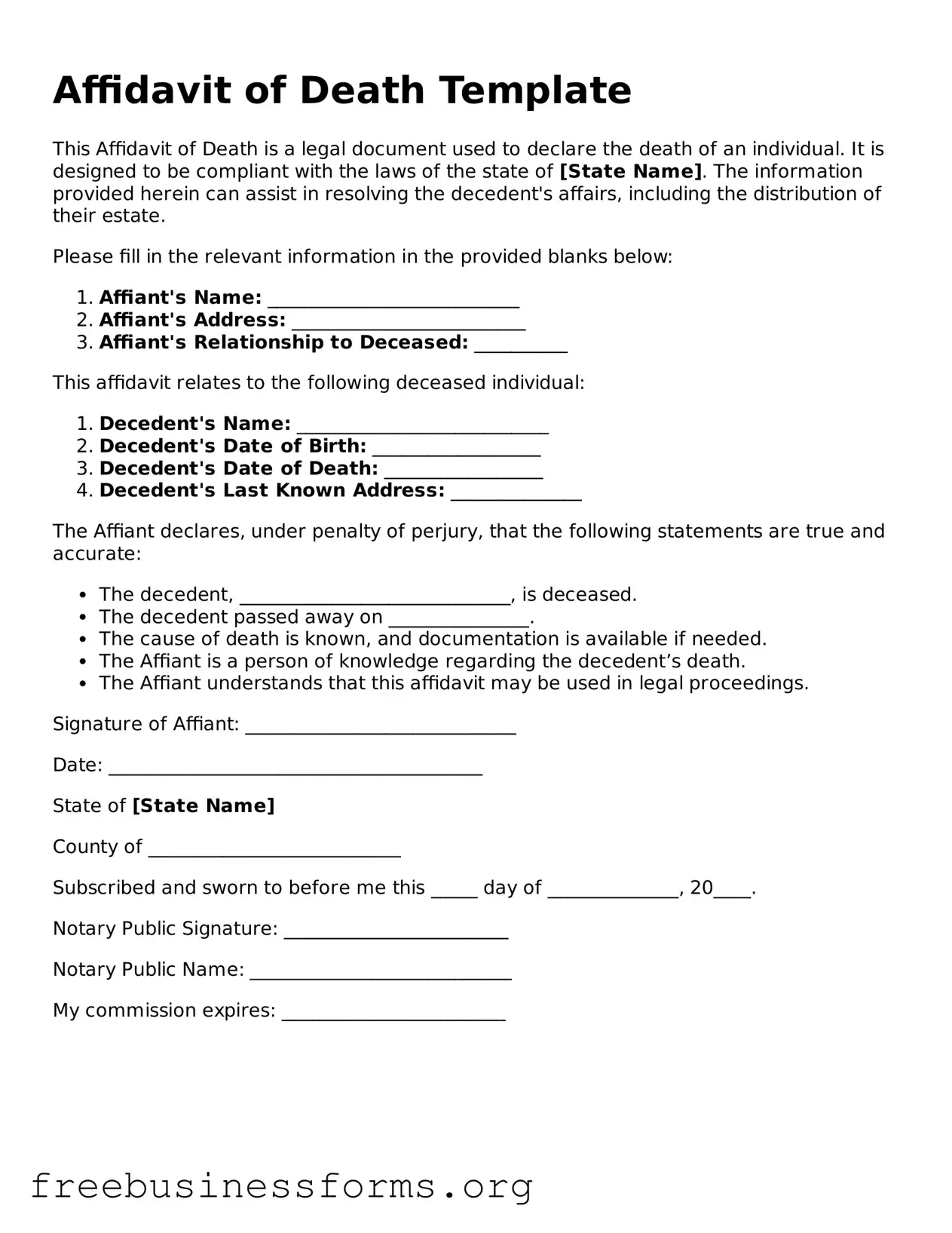 Official Affidavit of Death Form