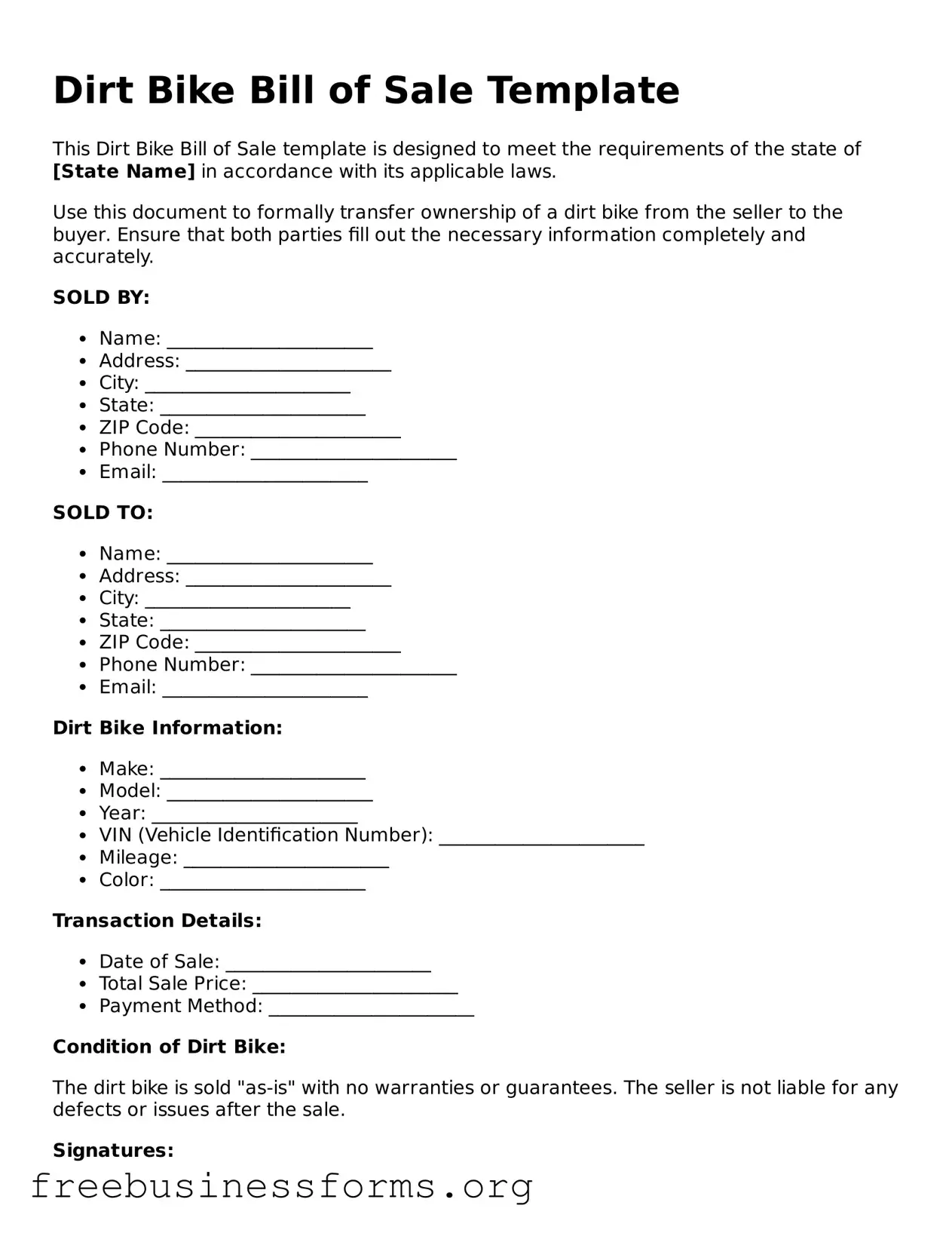 Official Dirt Bike Bill of Sale Form