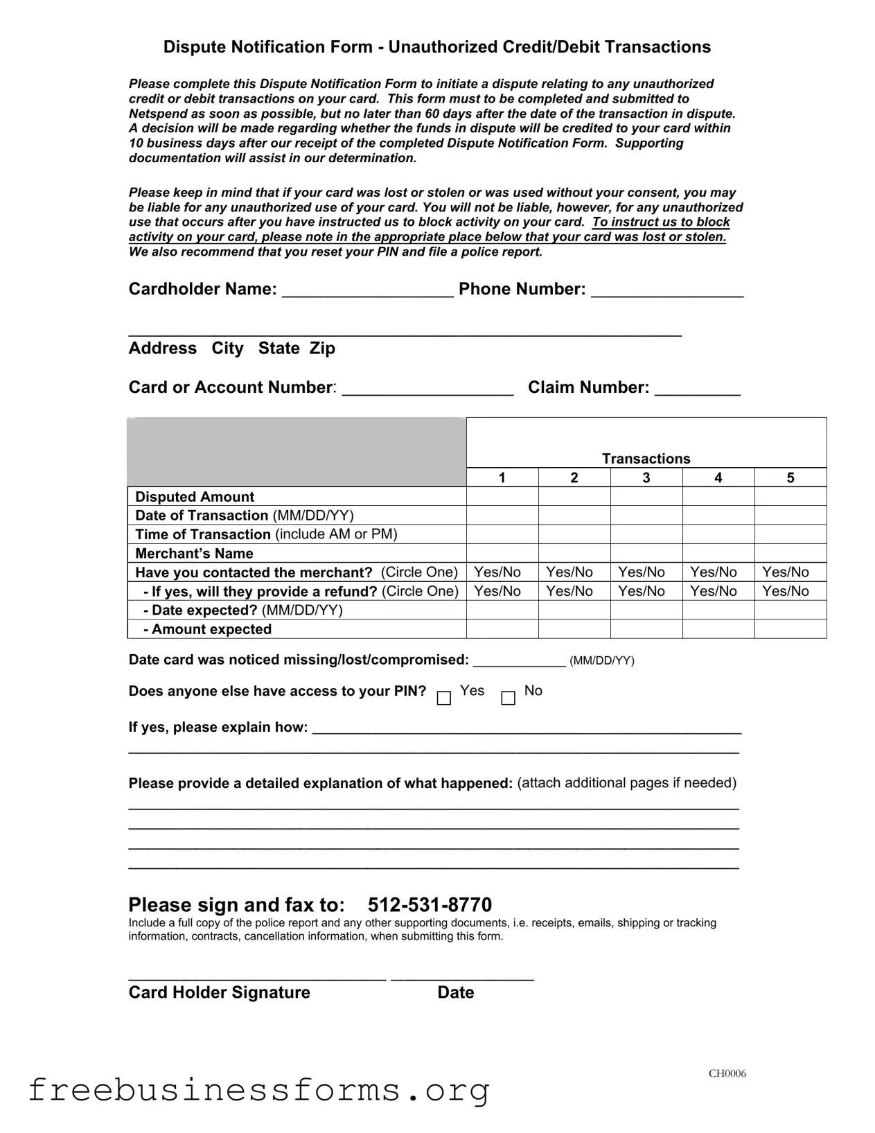Official Netspend Dispute Form in PDF