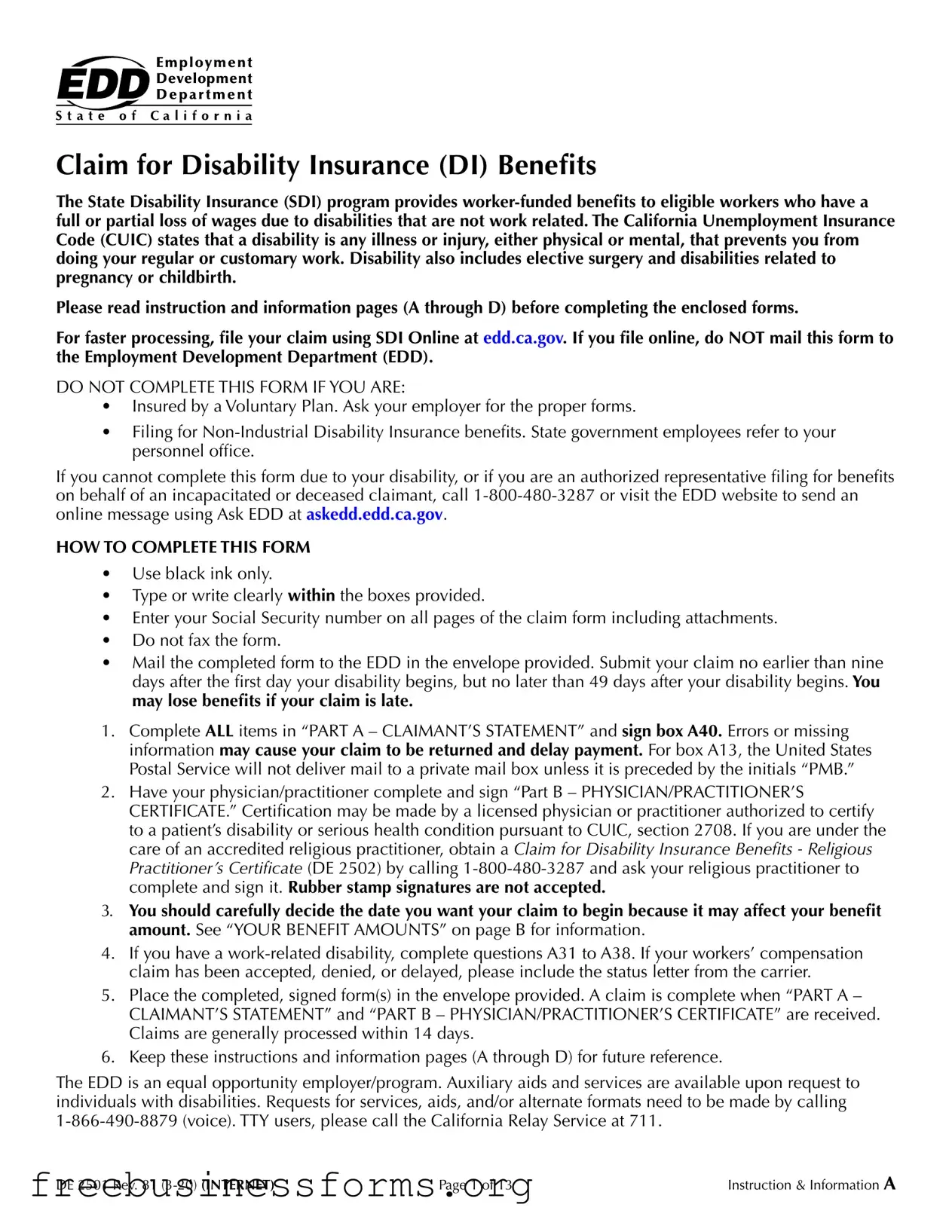 Official EDD DE 2501 Form in PDF