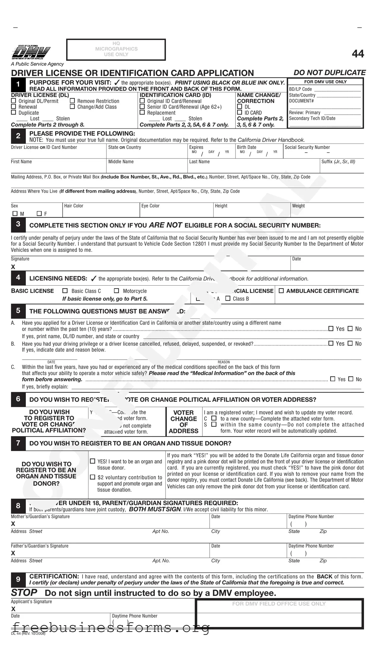 Official Ca Dmv Dl 44 Form in PDF