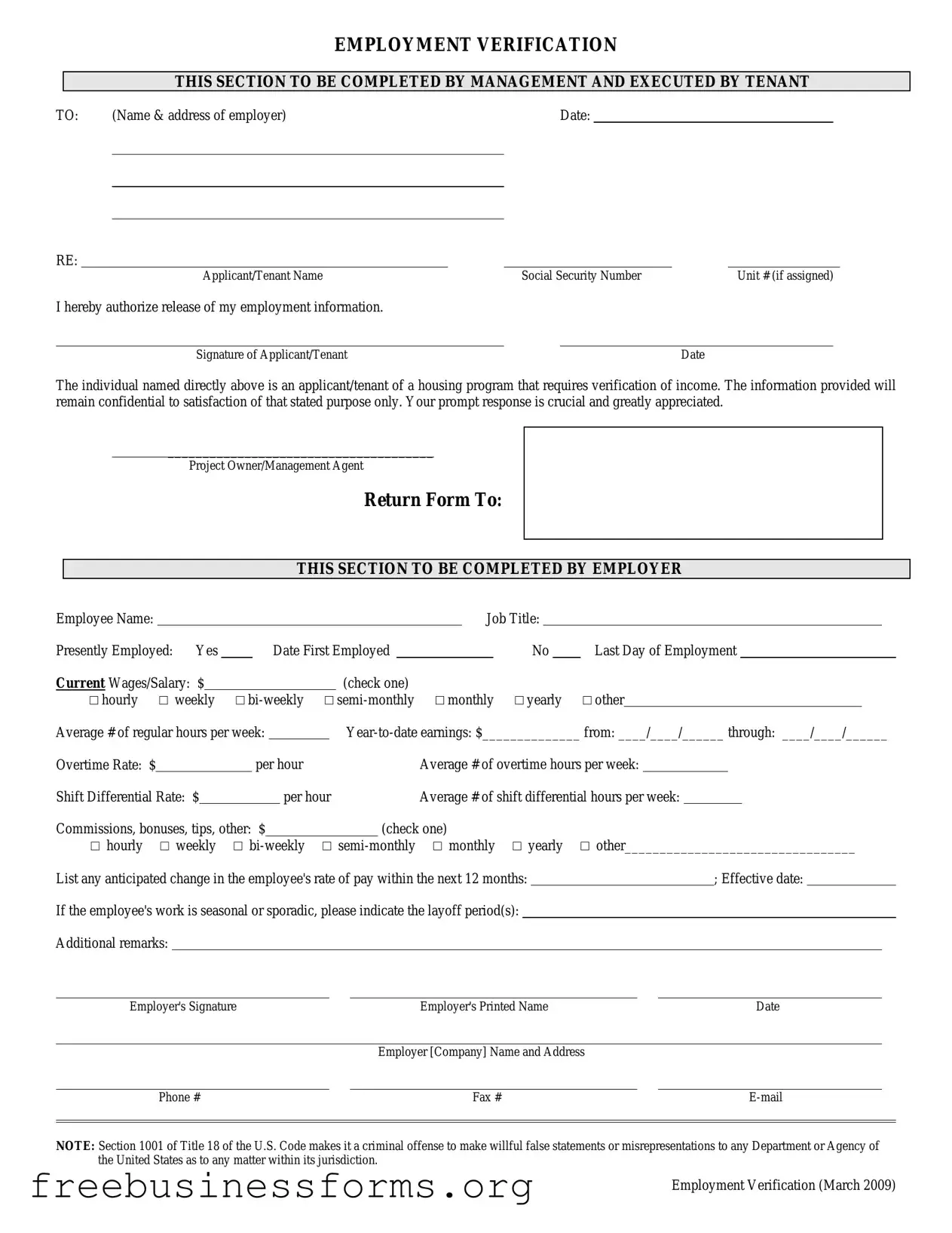 Official Employment verification form Form in PDF