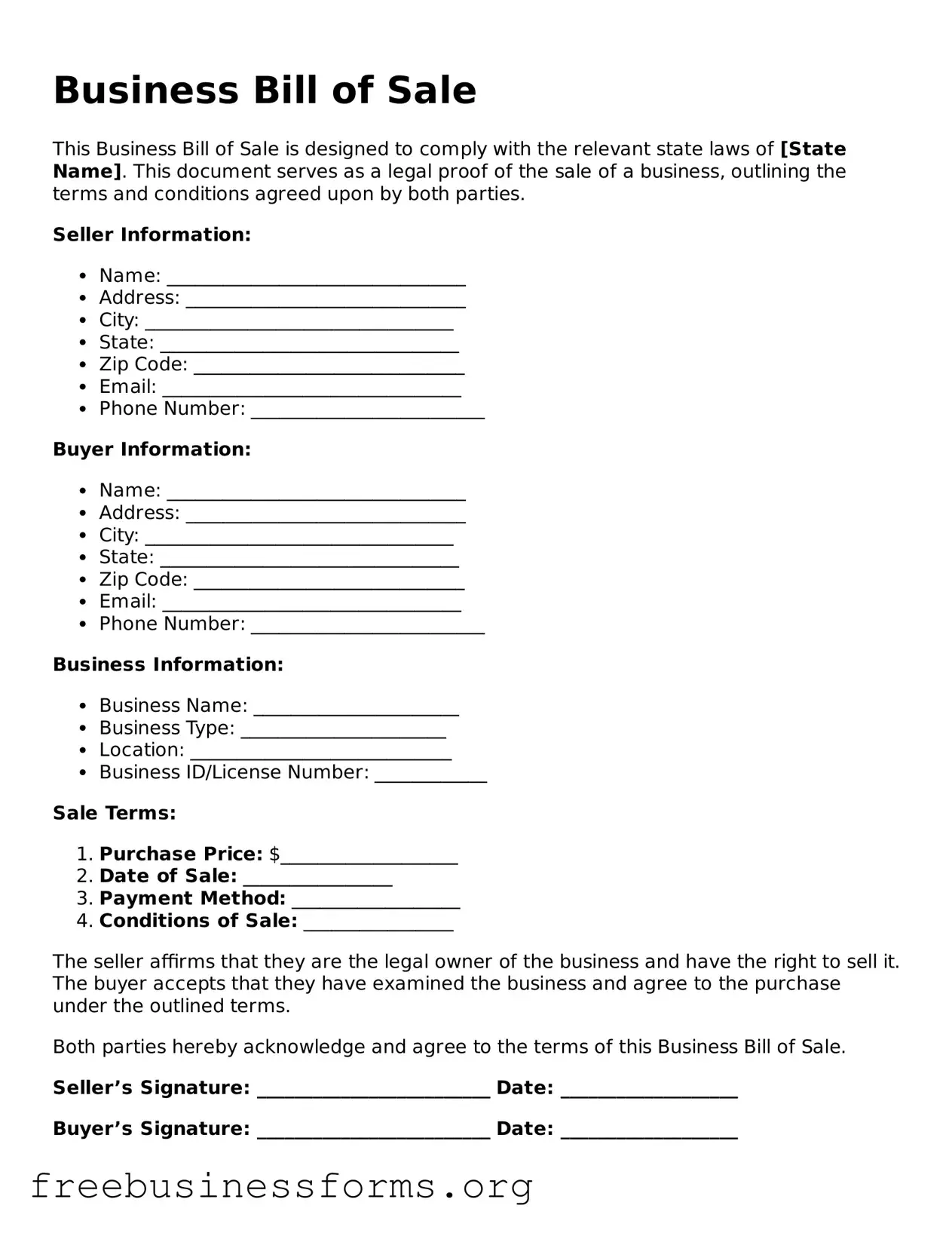 Official Business Bill of Sale Form