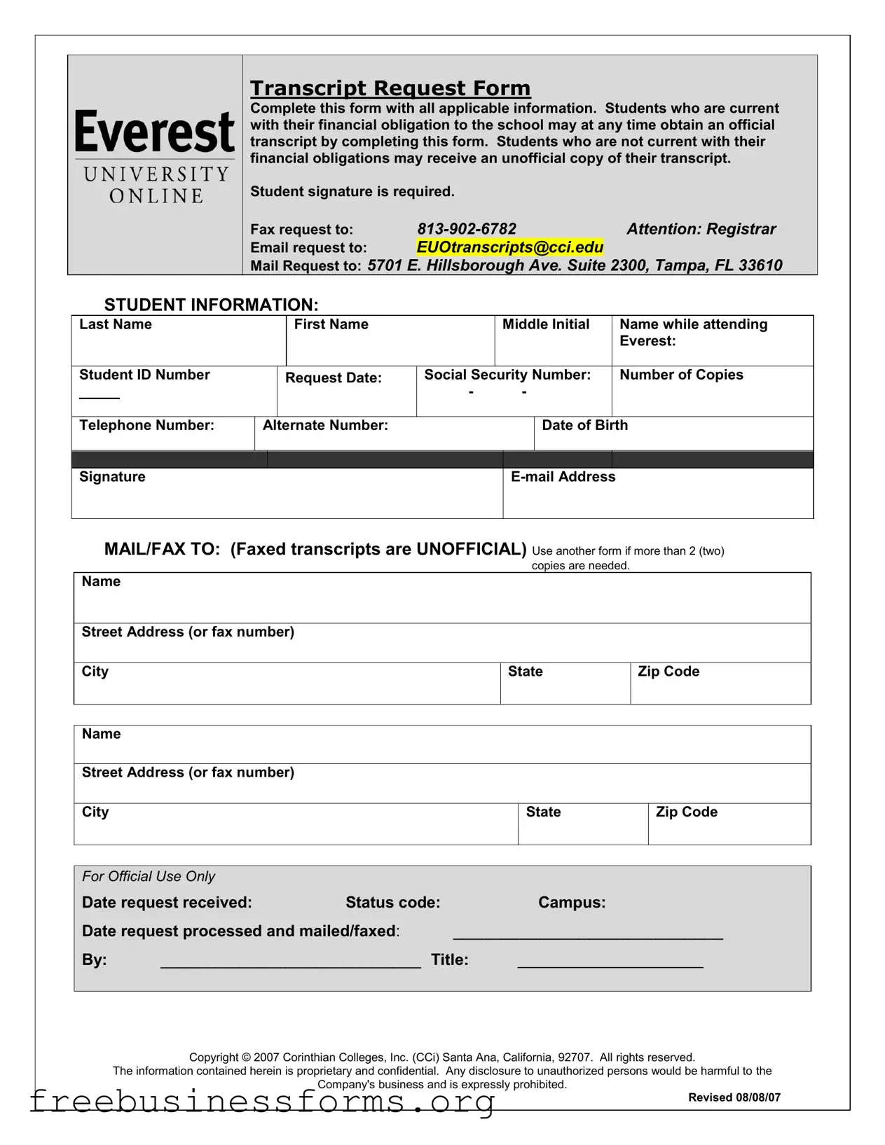 Official Everest University Transcript Form in PDF