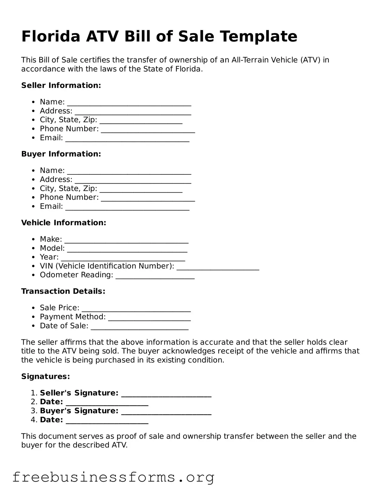 Blank ATV Bill of Sale Template for Florida