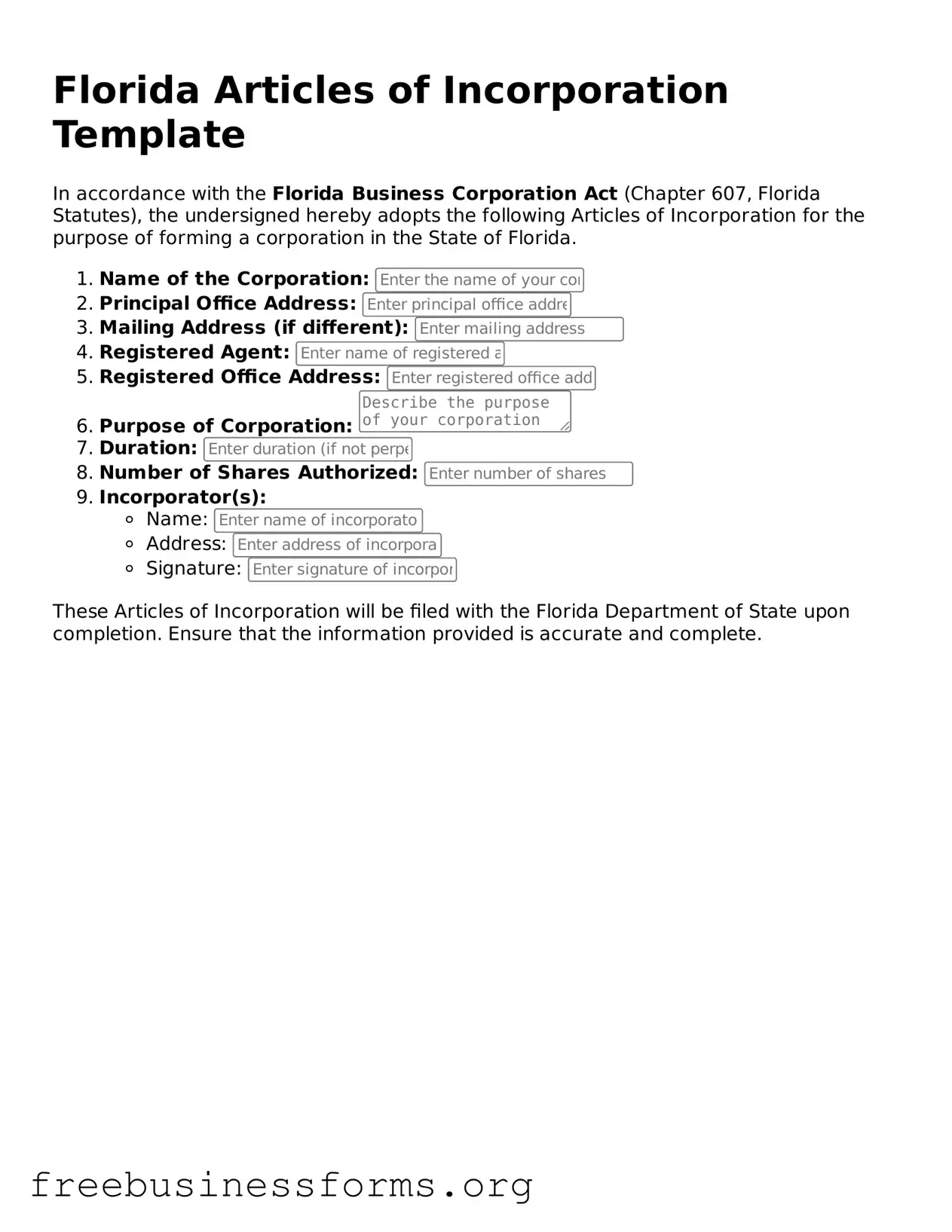 Blank  Articles of Incorporation Template for Florida