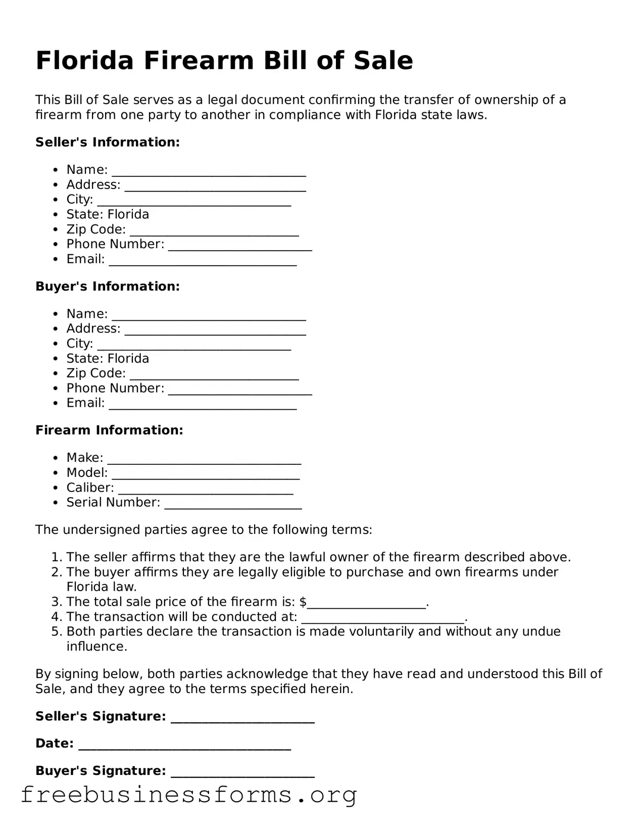 Blank  Firearm Bill of Sale Template for Florida