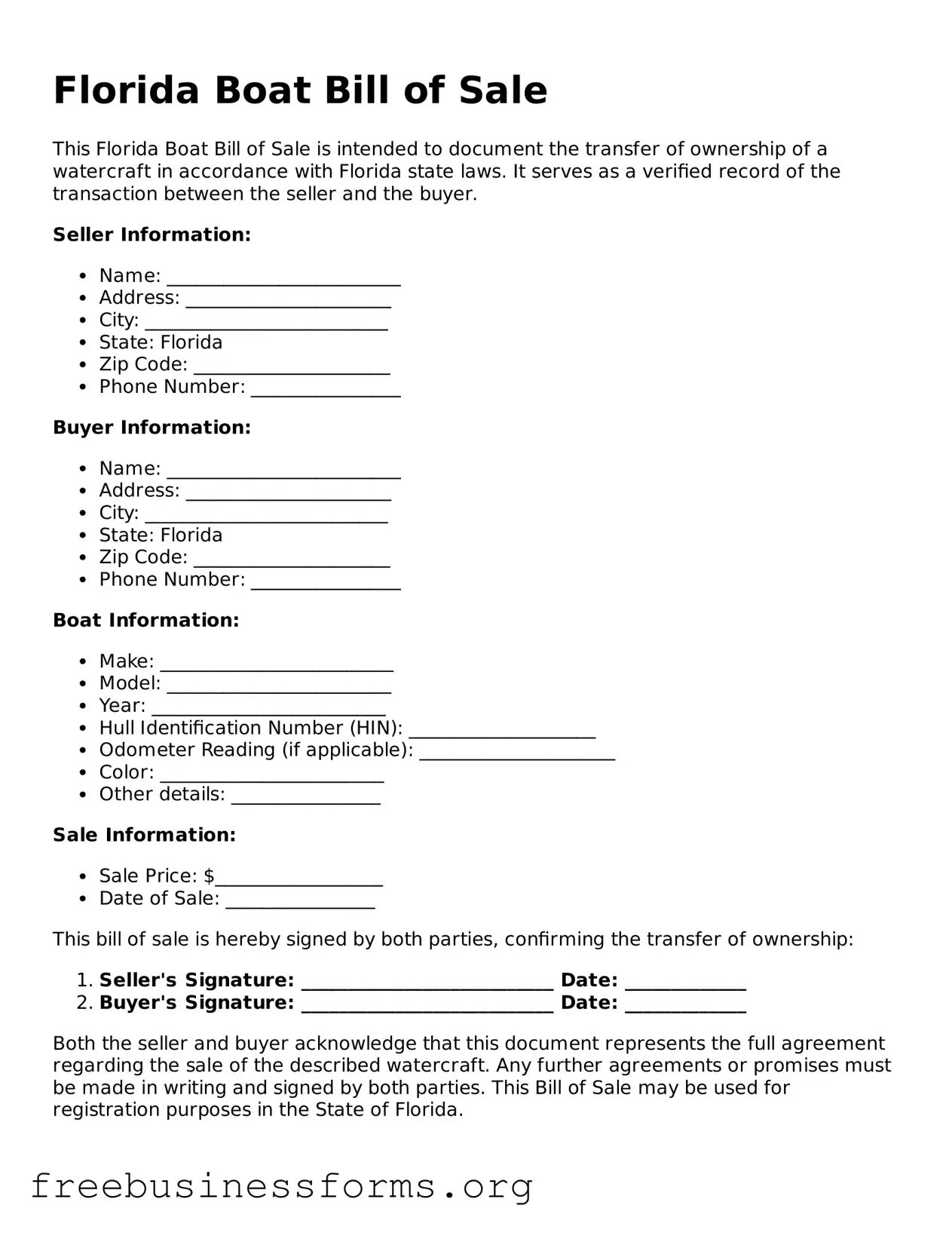 Blank  Boat Bill of Sale Template for Florida