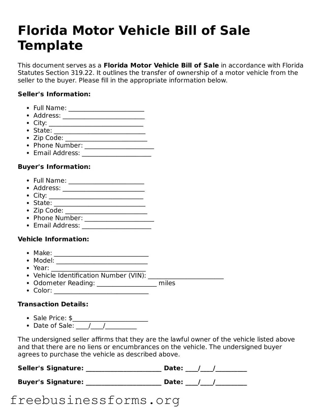 Blank  Motor Vehicle Bill of Sale Template for Florida