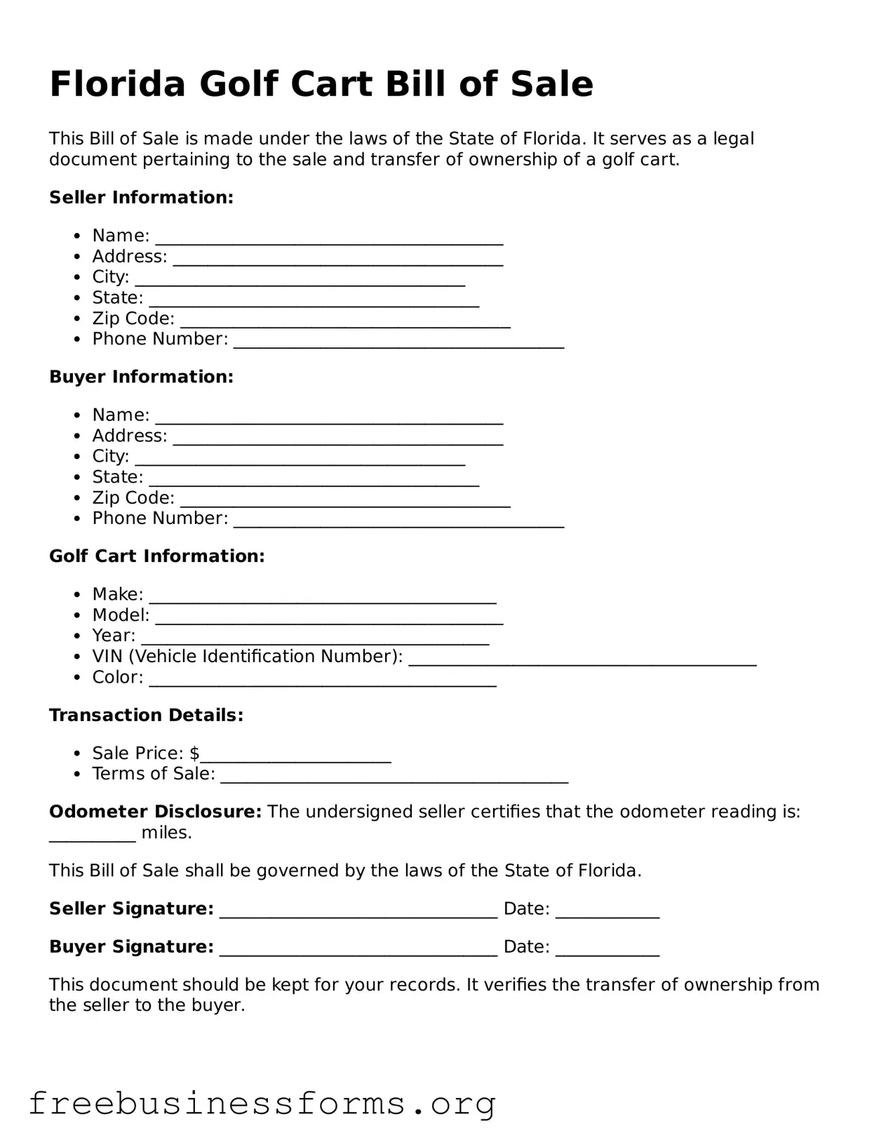 Blank  Golf Cart Bill of Sale Template for Florida