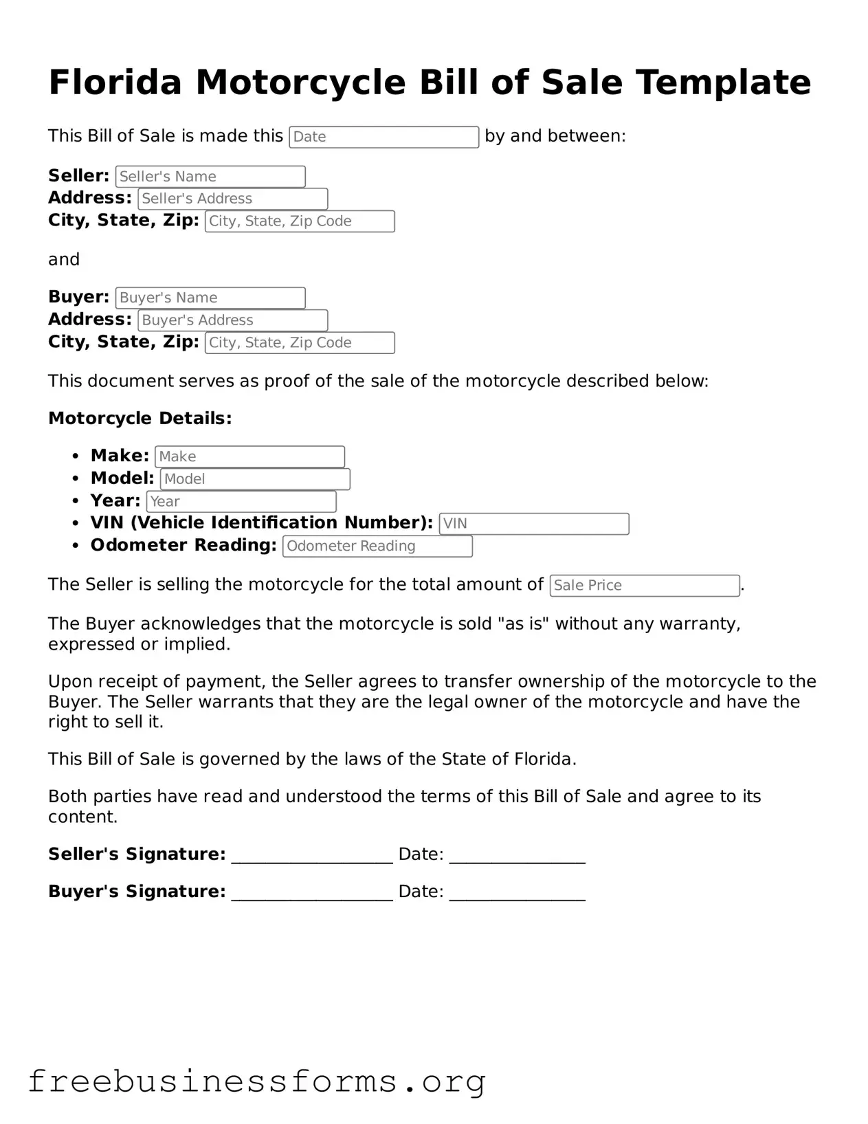 Blank  Motorcycle Bill of Sale Template for Florida