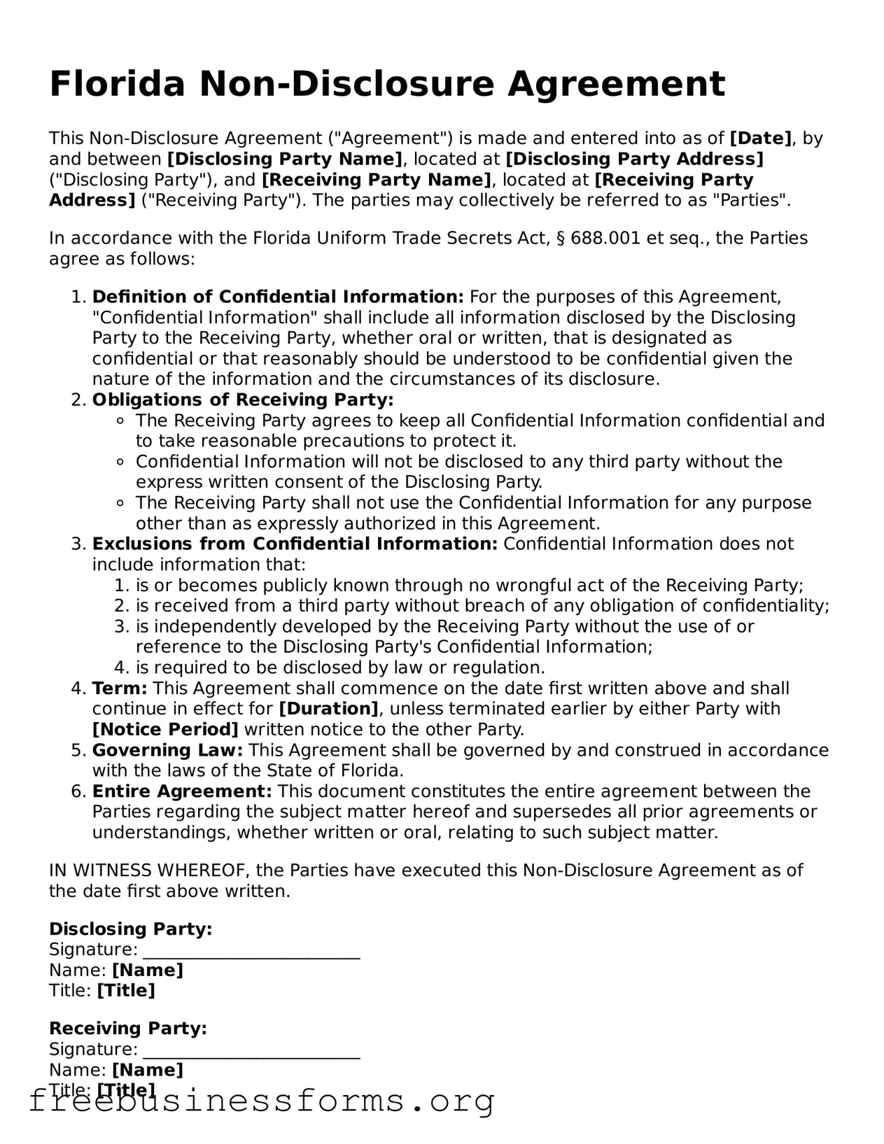 Blank  Non-disclosure Agreement Template for Florida