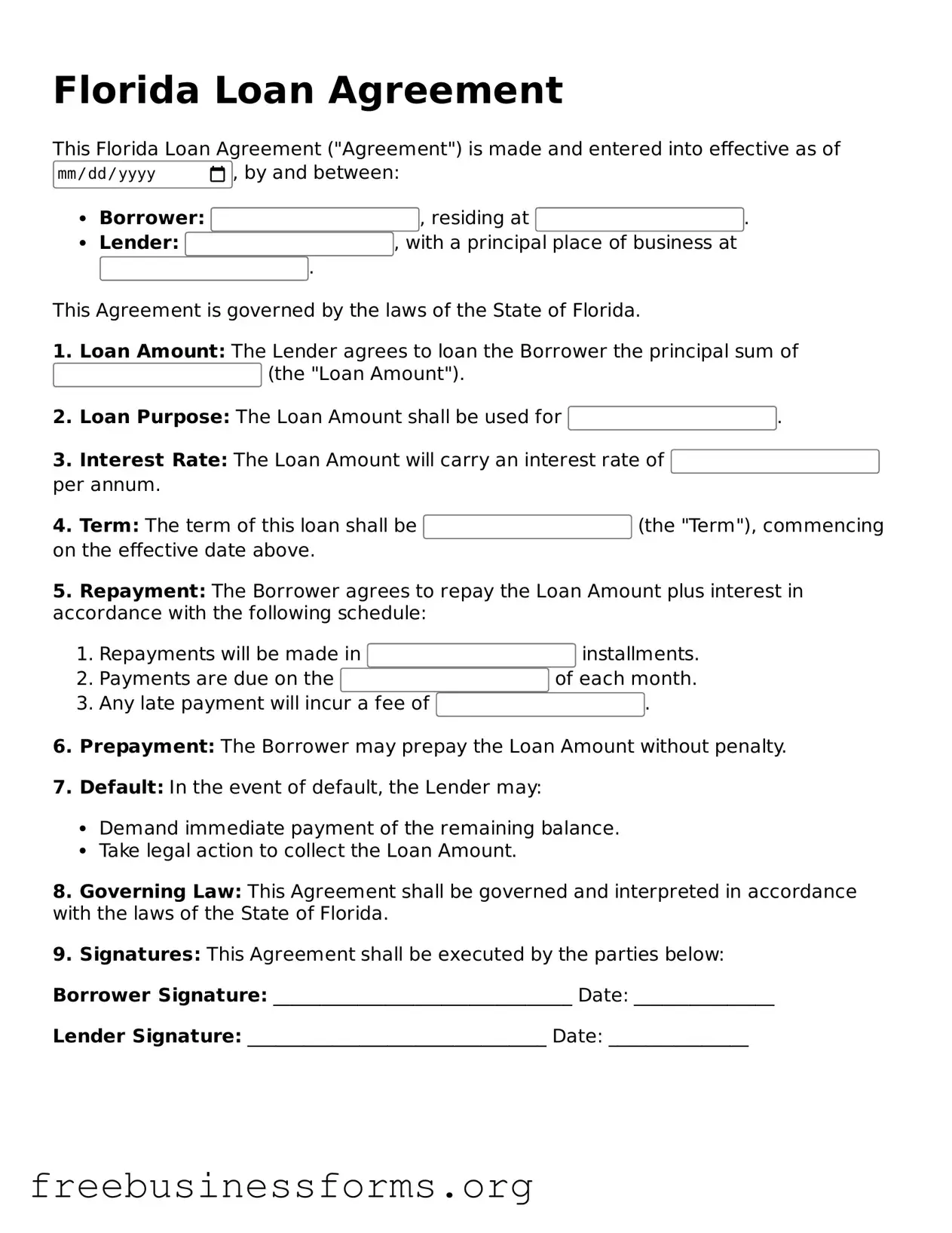Blank Loan Agreement Template for Florida